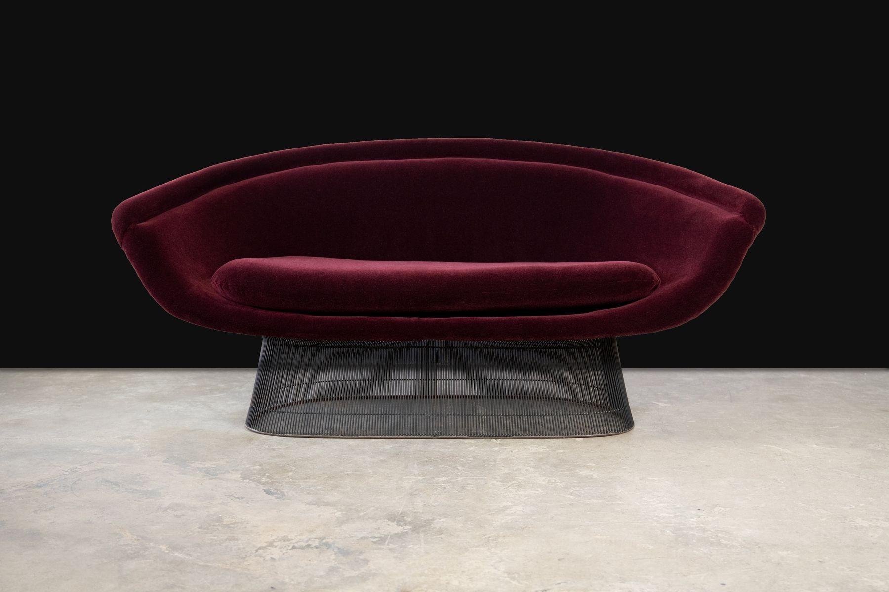 Rare, early production settee designed by Warren Platner from The Platner Collection in bronze, 1966 for Knoll International. Settee is in excellent condition with new foam and with new Knoll mohair velvet upholstery.