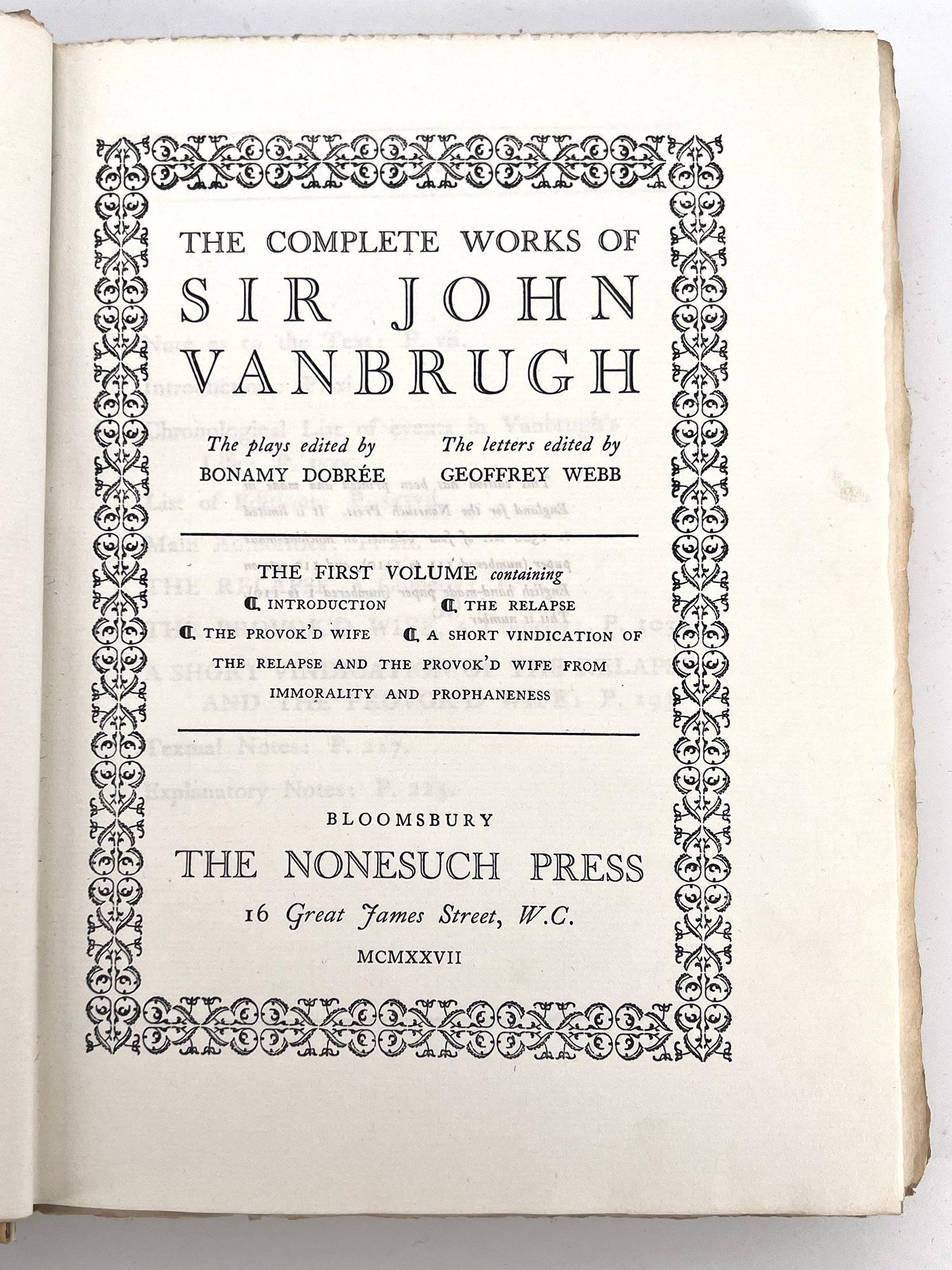 The Complete Works of Sir John Vanbrugh ; The plays edited by Bonamy Dobrée. en vente 1
