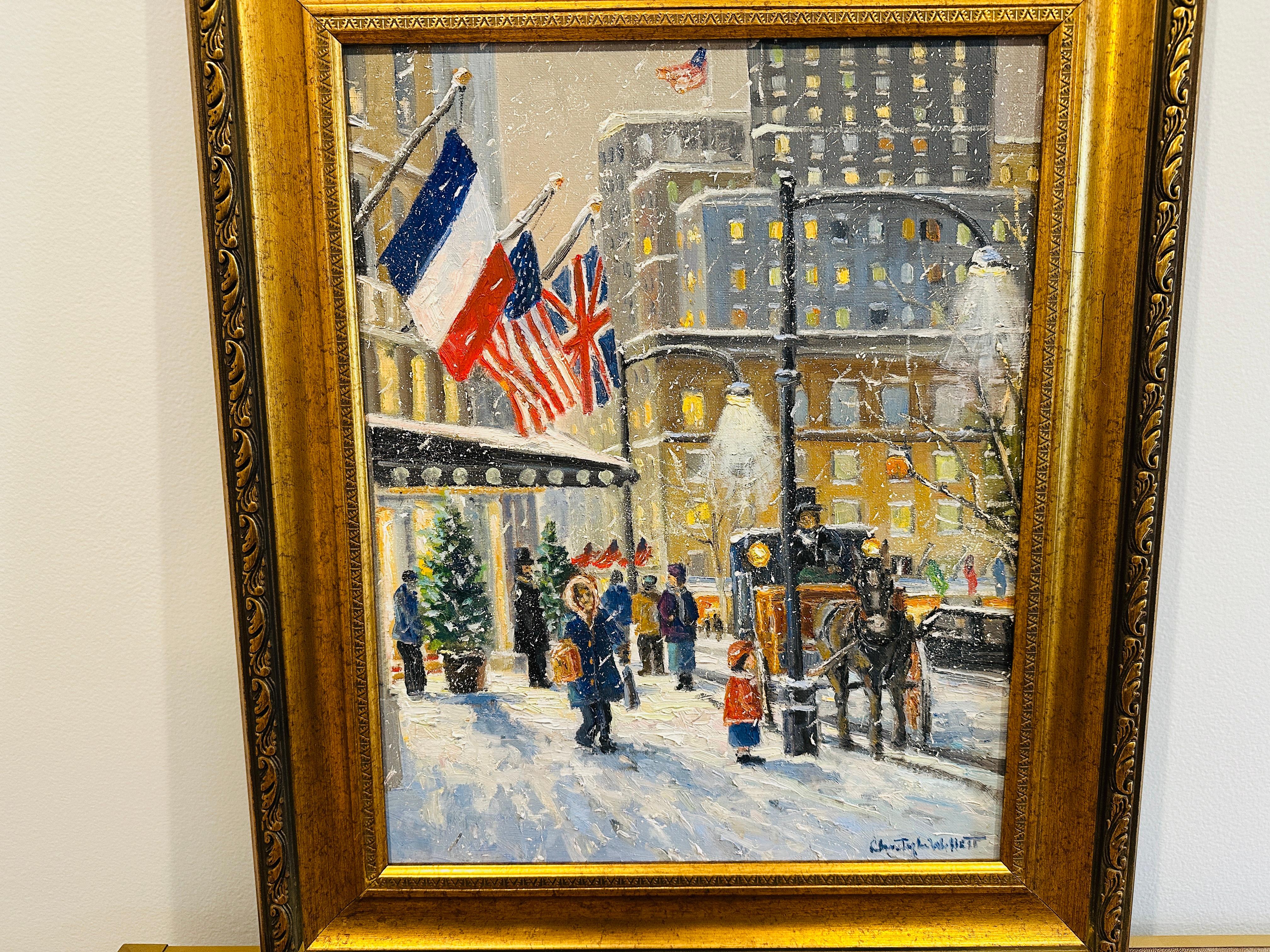 Nueva York impresionista, una alegre tarde de diciembre frente al Hotel Plaza. Un alegre niño saluda al caballo y al carruaje mientras la nieve llena el aire. Las banderas se mecen con la brisa invernal. Desde su infancia hasta el presente, Willett,