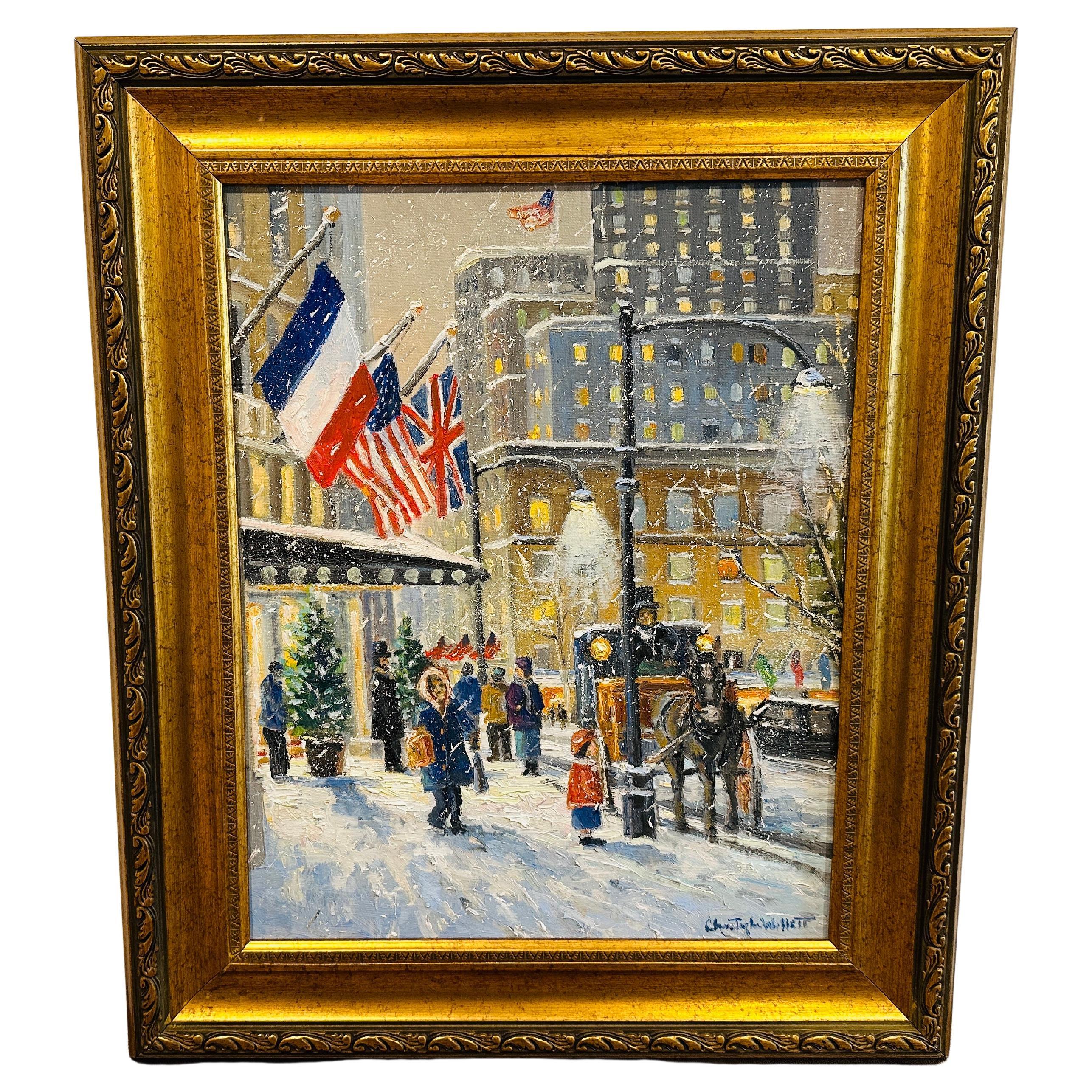 "The Plaza Hotel December" New York City Impressionist Winter Scene Oil Painting