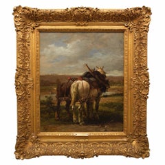 Antique Barbizon Painting "The Plow Horses" by Emile Jacque