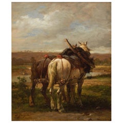 Antikes Barbizon-Gemälde "Die Pflugpferde" von Emile Jacque