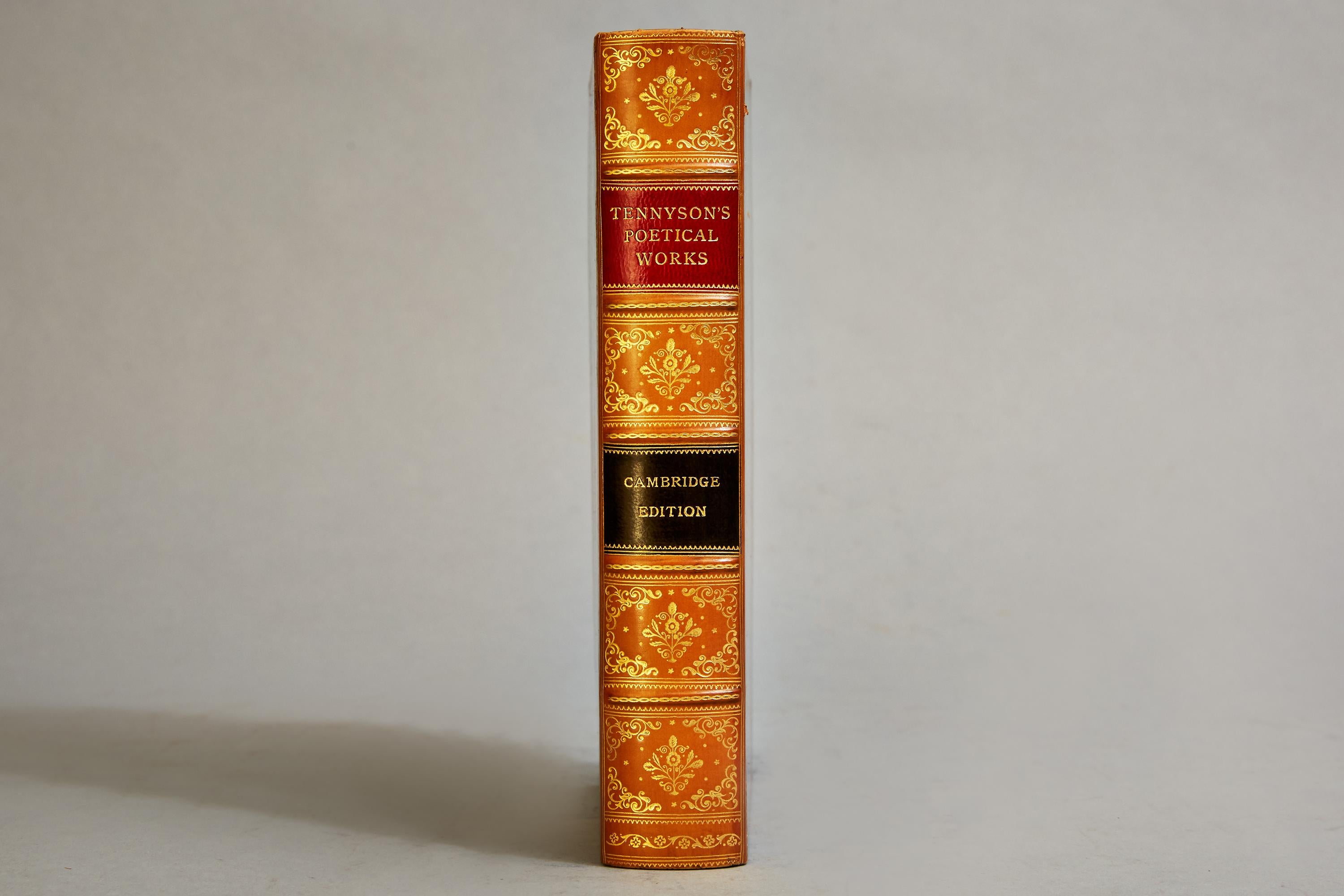 1 volume. Lord Tennyson. The Poetic and Dramatic Works. “Cambridge Edition”. Bound in full tree calf, all edges gilt, raised bands, gilt panels, frontispiece. 8 vo. Published: Boston & New York: Houghton Mifflin & Co., 1898.