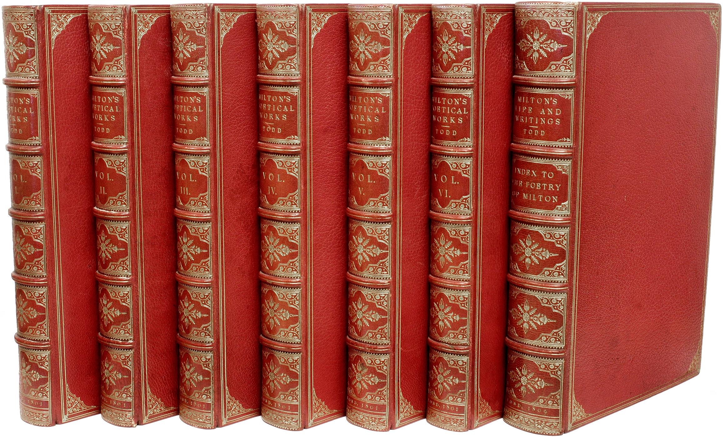 AUTHOR: MILTON, John (Rev. Henry John Todd)

TITLE: The Poetical Works of John Milton - WITH -  Some Account of His Life And Writings.

PUBLISHER: London: for many, 1801 - 1809.

DESCRIPTION: THE ROBERT HOE COPY. 7 vols., royal octavo large paper