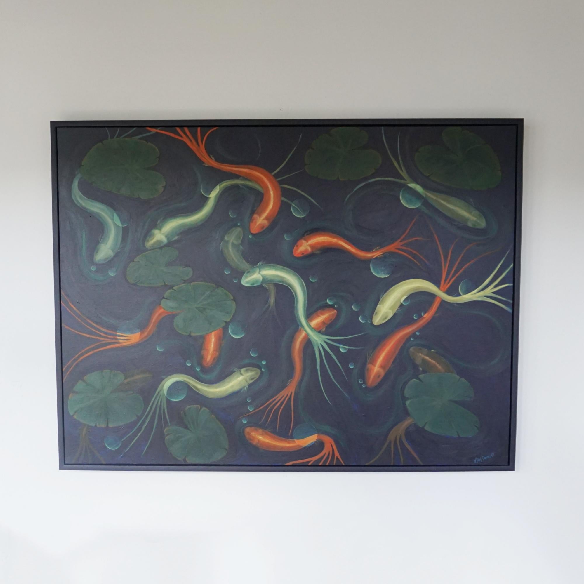 An Art Deco Style Contemporary painting by Vera Jefferson depicting a stylised pond filled with Koi and Carp. 

Dimensions: H 95cm W 125cm 

Origin: English

Date: Contemporary 

Vera Jefferson trained at Goldsmiths College, London and went on to