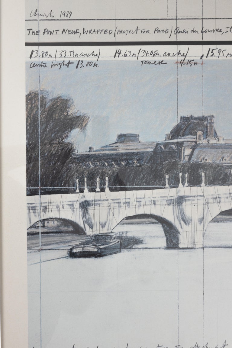Christo / The Pont Neuf Wrapped / Project for Paris, 1984 / Collage En Deux Partes
Offset lithograph in colors on woven paper, published by Nouvelles Images Editeurs, Lombreuil, France,
 with full margins, and original brushed aluminum frame.
28 1/8