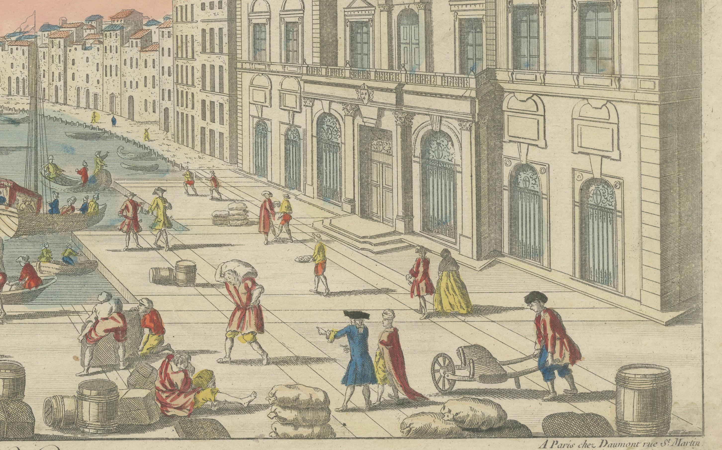 The Port of Marseille – 18th Century Hand-Colored Engraving by Daumont, Paris