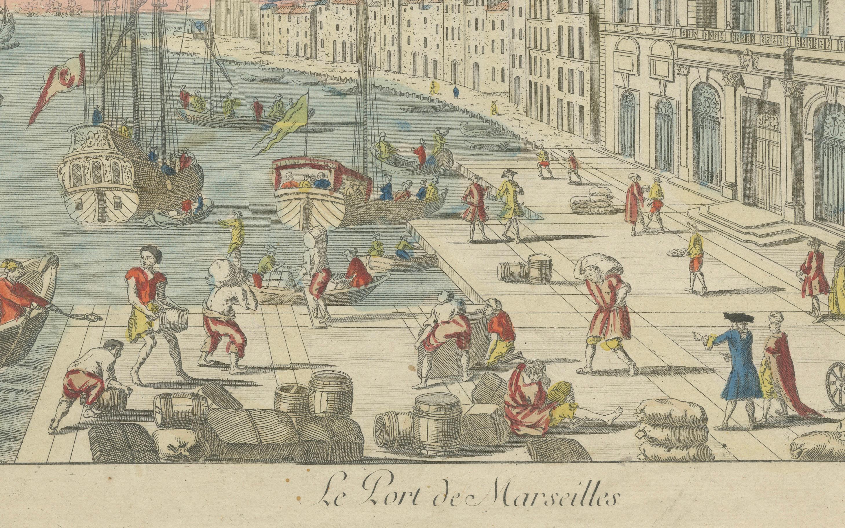 The Port of Marseille – 18th Century Hand-Colored Engraving by Daumont, Paris