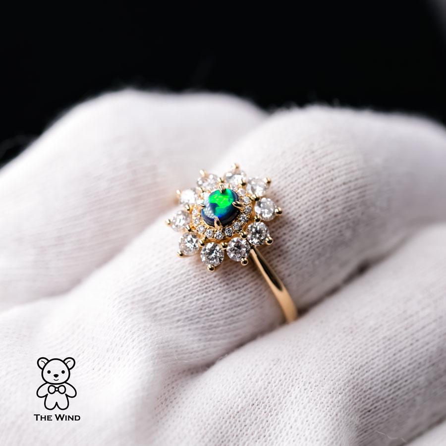 0.835ct Halo Diamond Australian Black Opal Engagement Wedding Ring 18K Yellow Gold

Design name: The Precious!

Design idea: A total of 0.835 ct of Sixteen smaller brilliant-cut diamonds and ten bigger brilliant-cut diamonds created two layers of