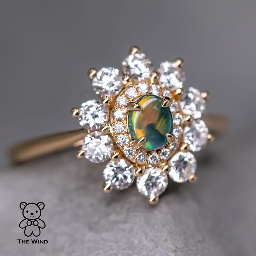 The Precious - Halo Diamond Australian Black Opal Engagement Wedding Ring In New Condition In Suwanee, GA