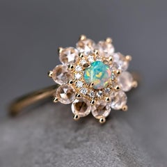The Precious - Halo Diamond Black Opal Engagement Ring 14K Yellow Gold