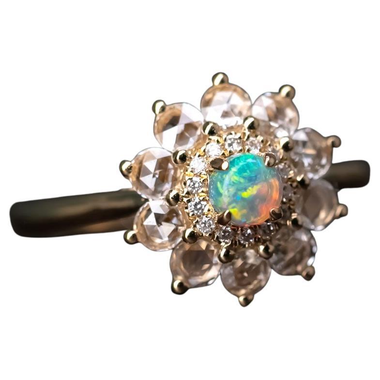 The Precious - Halo Diamond Black Opal Engagement Ring 18K Yellow Gold