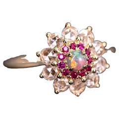 The Precious - Halo Diamond Black Opal Ruby Engagement Ring 18K Yellow Gold