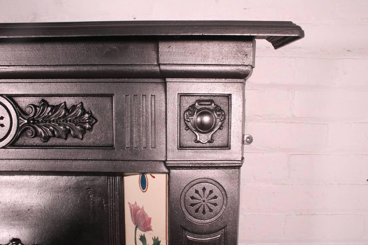 'The Prince' an antique late Victorian cast iron combination fireplace, circa 1886. Complete with an original set of antique hand-painted tiles by Doulton Lambeth works, circa 1880-1900.

This grate has been finished the traditional black grate