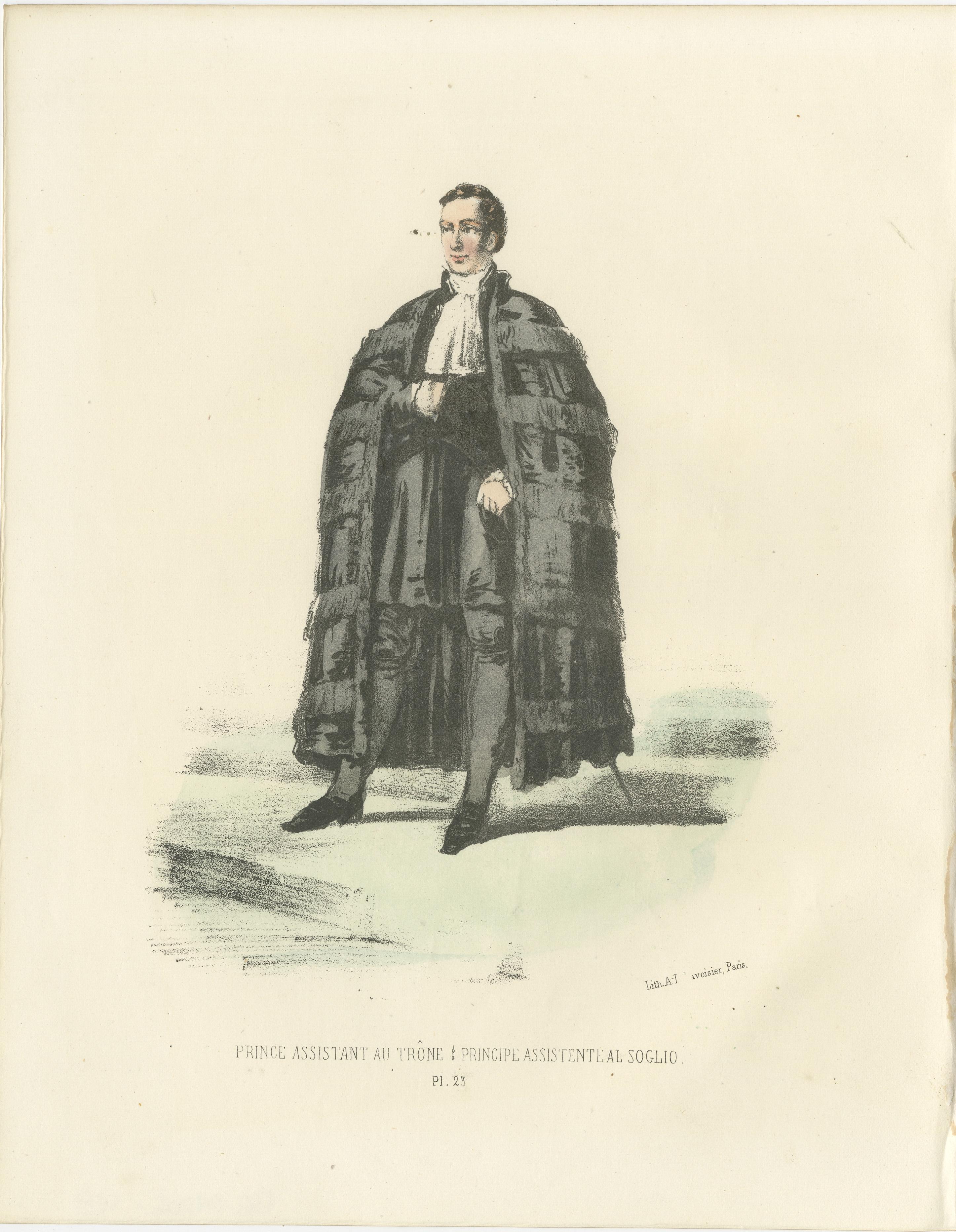 The Prince Assistant at the Throne: Handcolored Print, Plate 23, 1862  

This exquisite handcolored lithograph, The Prince Assistant at the Throne, is Plate 23 from the 1862 second edition of Album ou Collection Complète, et Historique des Costumes