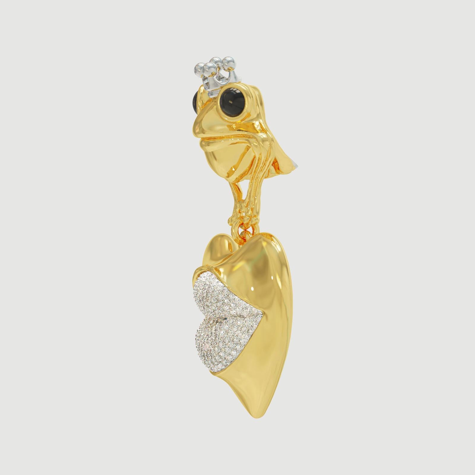 Oh, baciami come una rana
E trasformarmi in fiamme

Metalli: Argento Sterling, oro vermeil 18k e rodio.
Colore: oro
Gemme: Onice, Cubic Zirconia
Dimensioni: 57x31 mm
A clip
Realizzato a mano a Istanbul