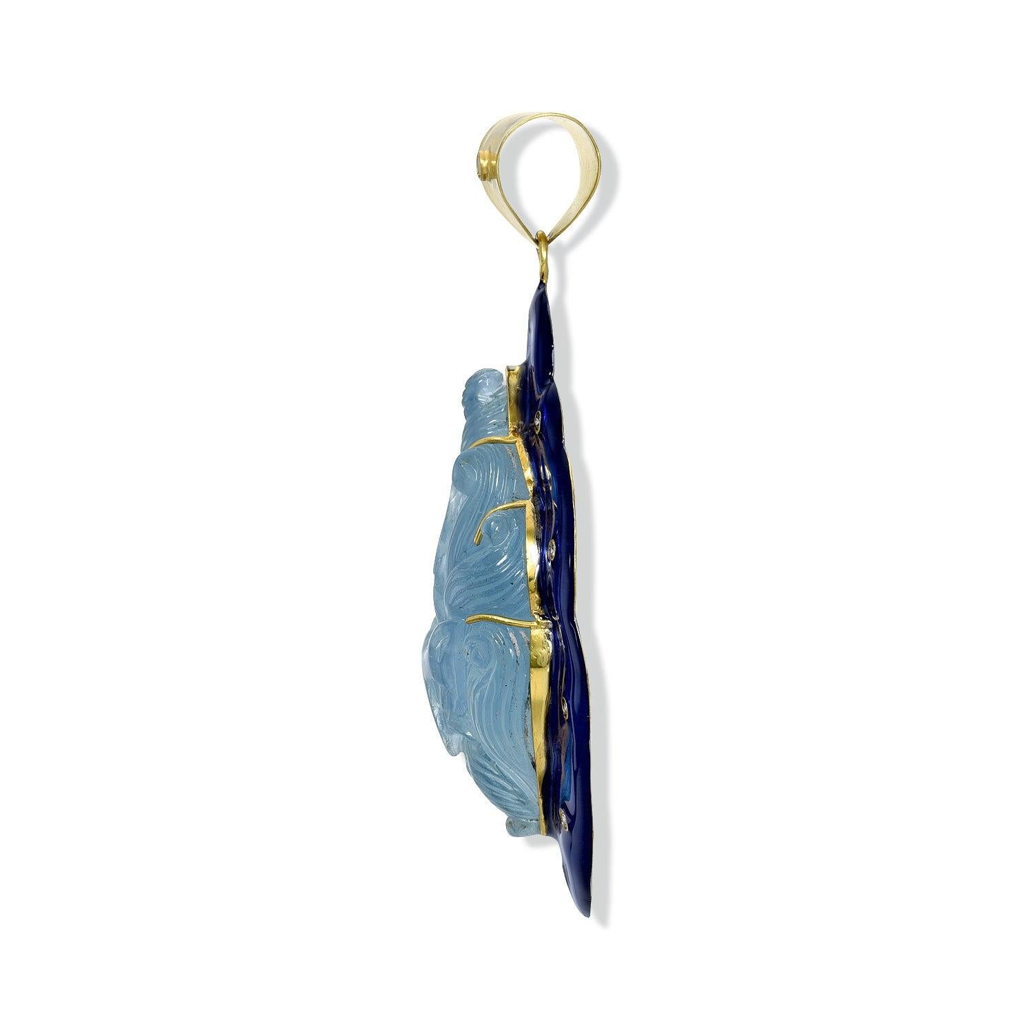 This classic floral carving enamel pendant features aquamarine carved details and a bright blue enamel finish. It gives you that perfect elegant touch, perfect for special occasions and gift giving.