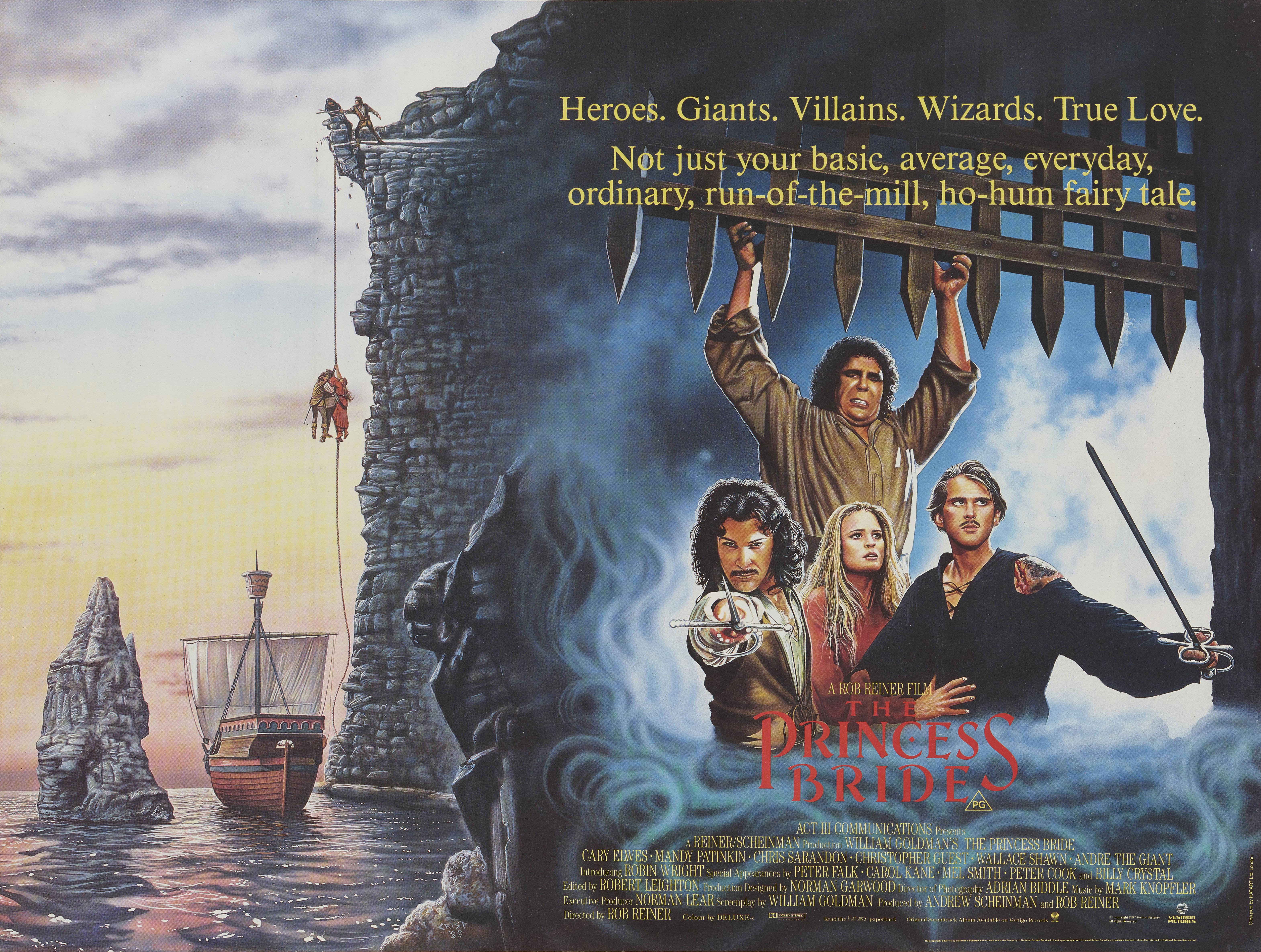 Original British film poster for 1987 fantasy adventure film The Princess Bride.
The film was directed by Rob Reiner and starred Cary Elwes, Mandy Patinkin, Robin Wright
This poster has been conservation linen backed and would be shipped rolled in
