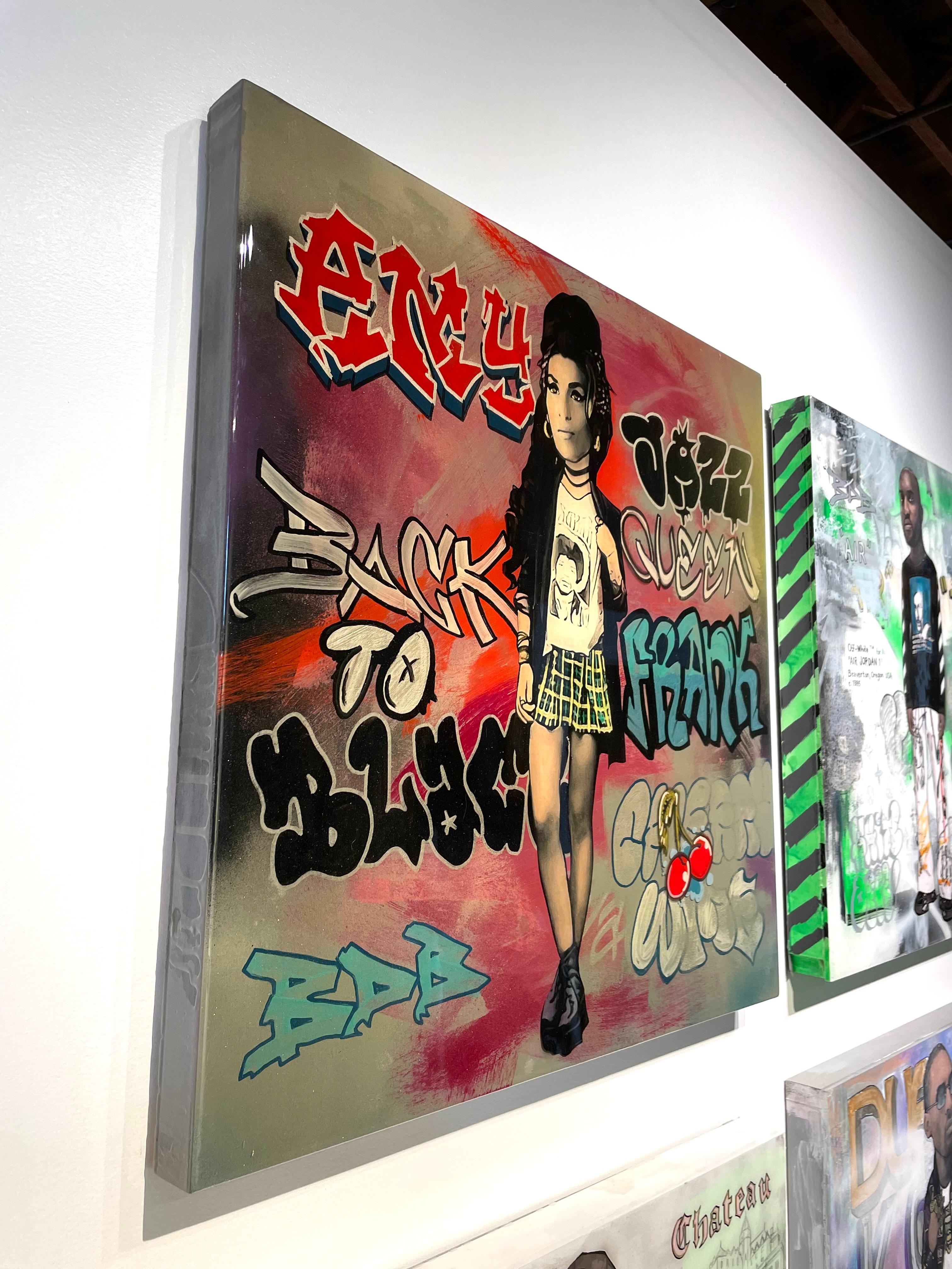 This original art work is Mixed Media - Acrylic and Enamel on Wood with a Resin Overlay, by The Producer BDB, featuring Amy Winehouse. 
Arrives Ready-to-Hang. Please Inquire for Additional Details. 

The Producer BDB creates original art of pop