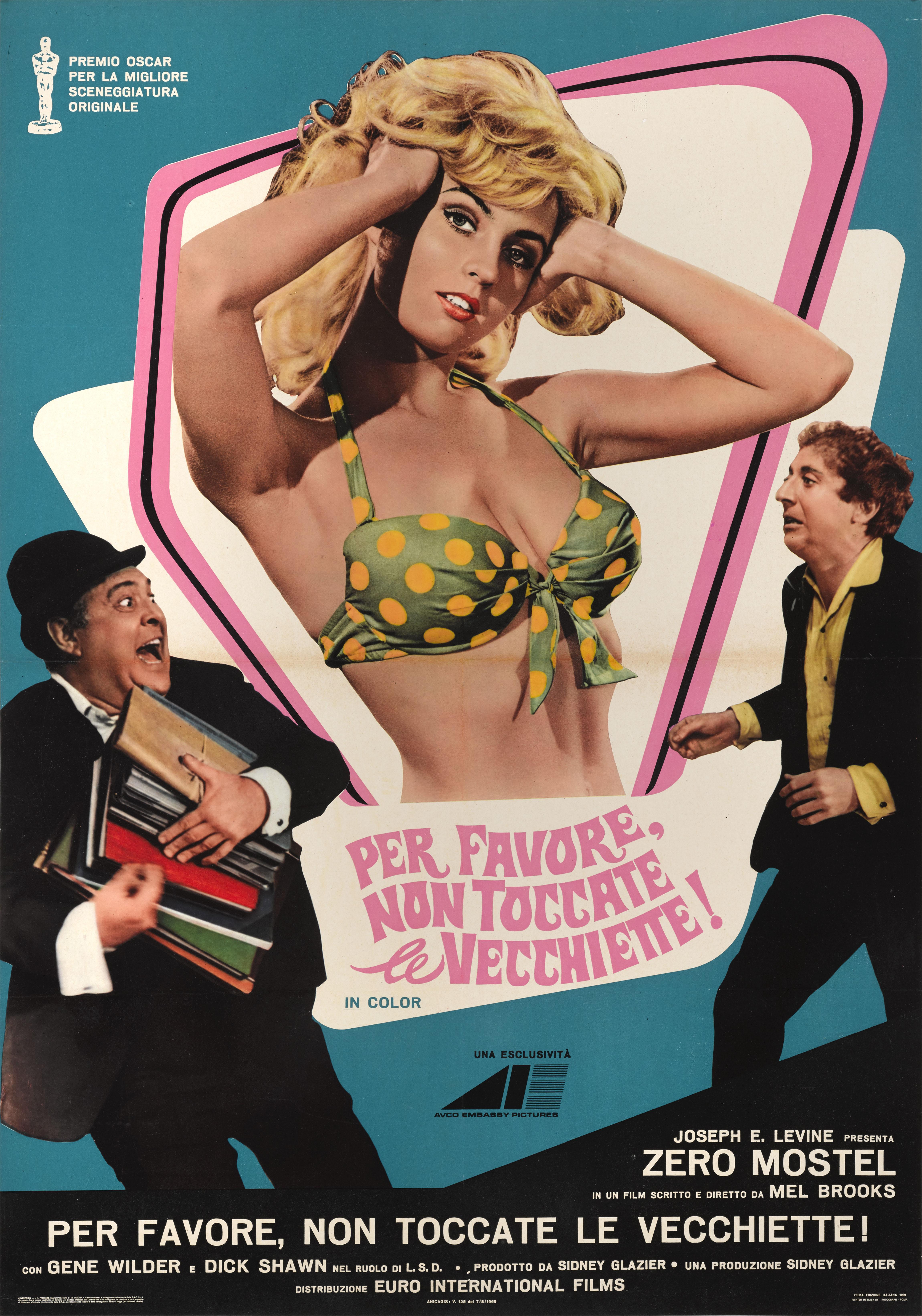 Original Italian film poster for The Producers 1967 directed by Mel Brooks and starring Zero Mostel and Gene Wilder. The art work on this poster is unique to the films Italian release. This poster is conservation linen backed and it would be shipped