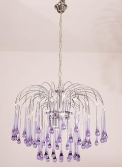 The Purple Crown, LArge Size Murano Chandelier Purple and Crystal Drops, 1970s