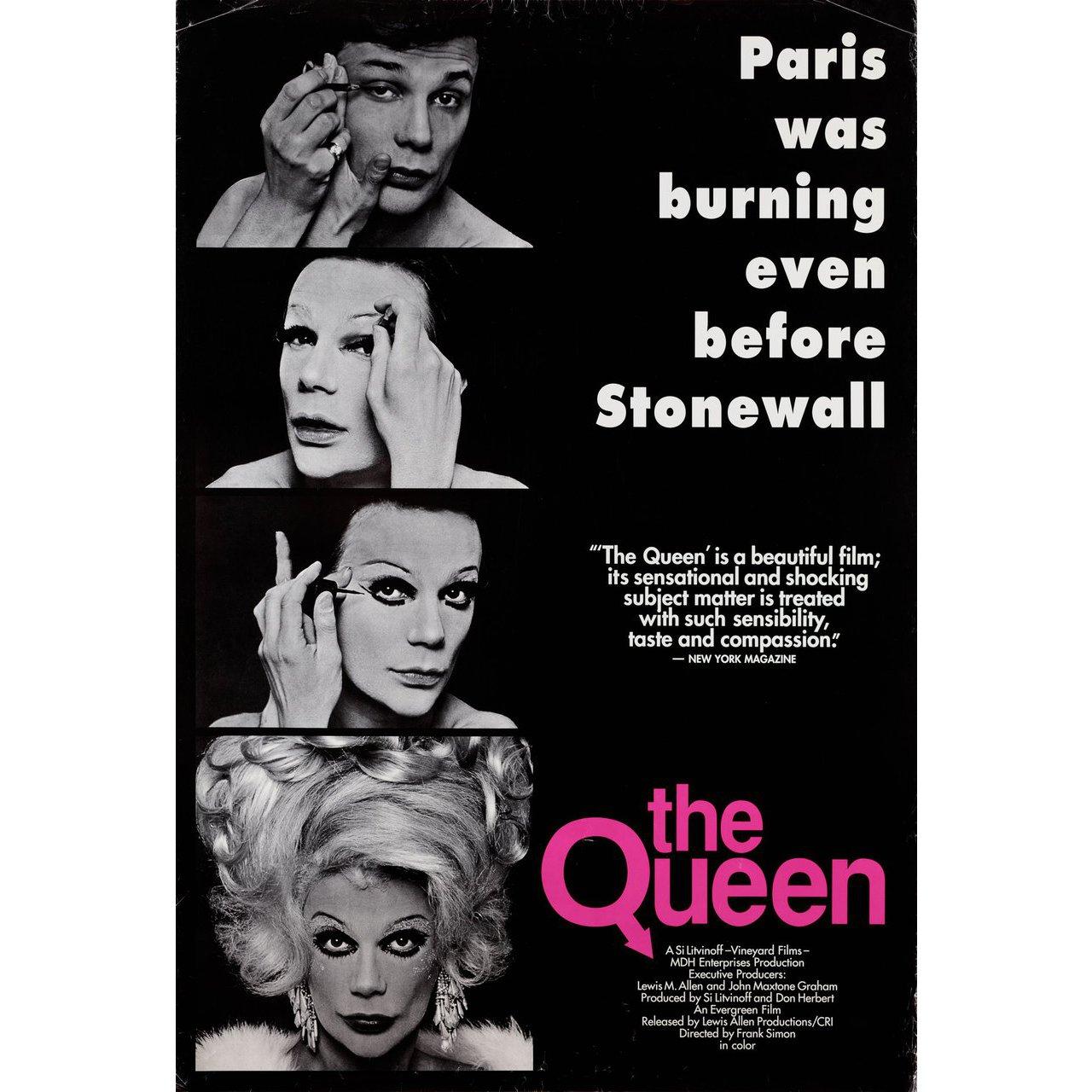 Original 1990s re-release British one sheet poster for the 1968 documentary film The Queen directed by Frank Simon with Jim Dine / Jack Doroshow / Richard Finnochio / Bruce Jay Friedman. Very Good condition, rolled with edge wear. Please note: the