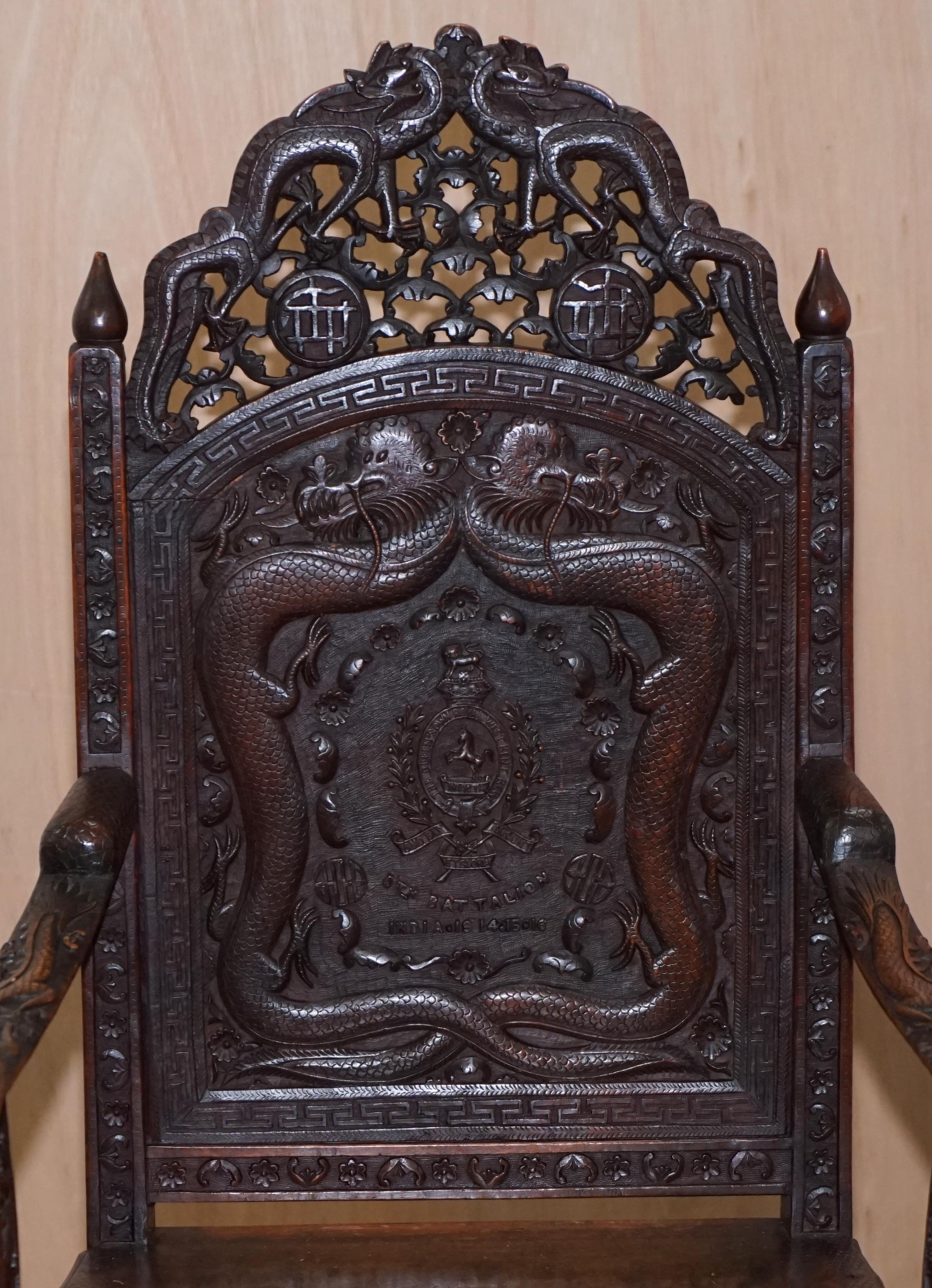 Late 19th Century The Queens Own Royal 5th Battalion India Carved Chinese Export Dragon Armchair
