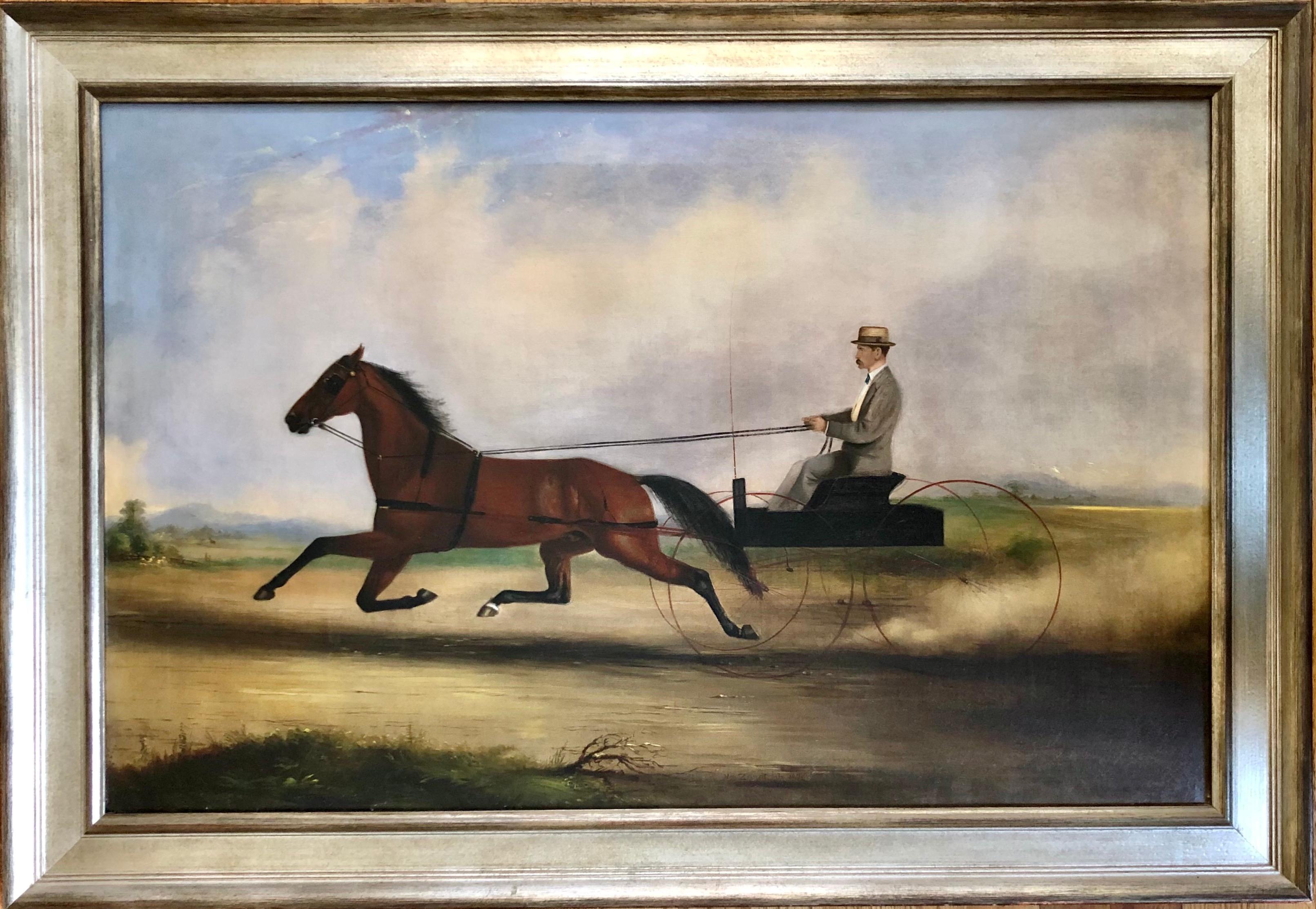 Rare 19th century painting of a man is a buggy trotting quickly. Oil on canvas signed and dated 1872 lower center. 
Measures: 21