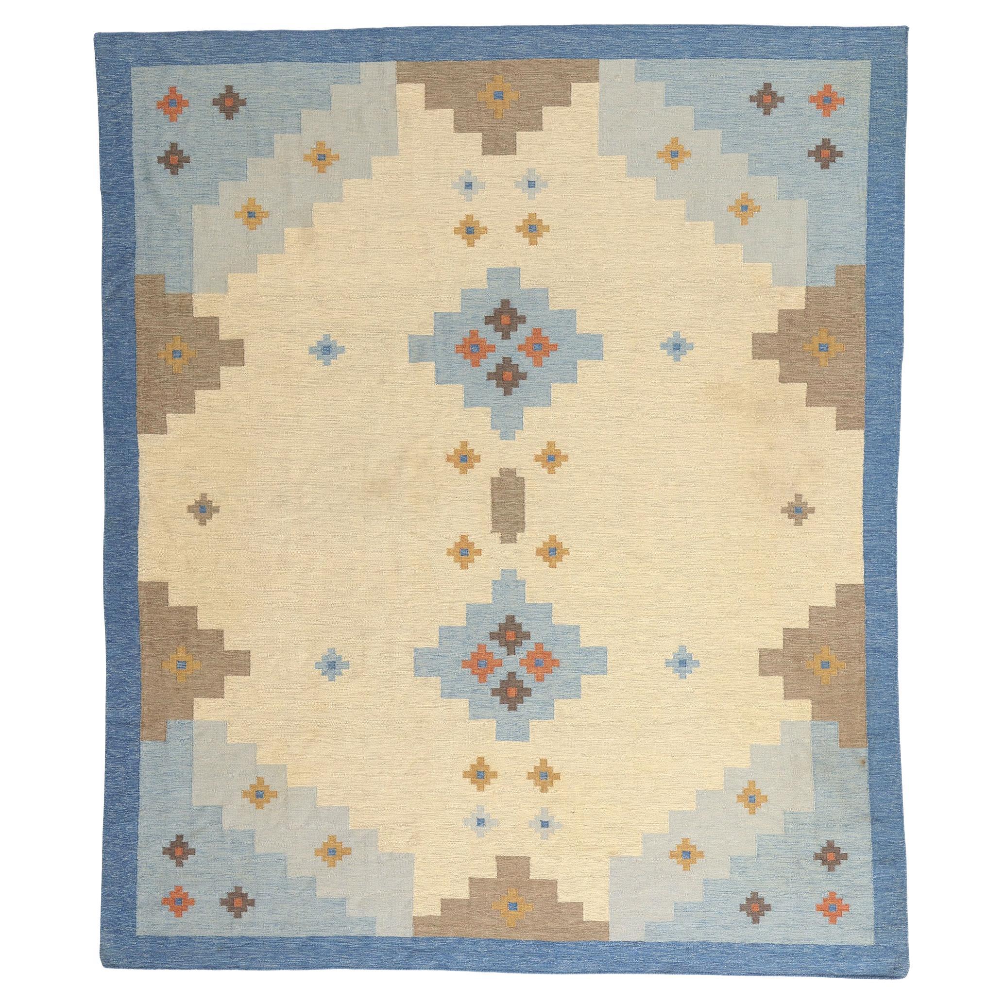 The Quiet Compass: A Vintage Indian Kilim Masterpiece of Nordic Modern Grace For Sale