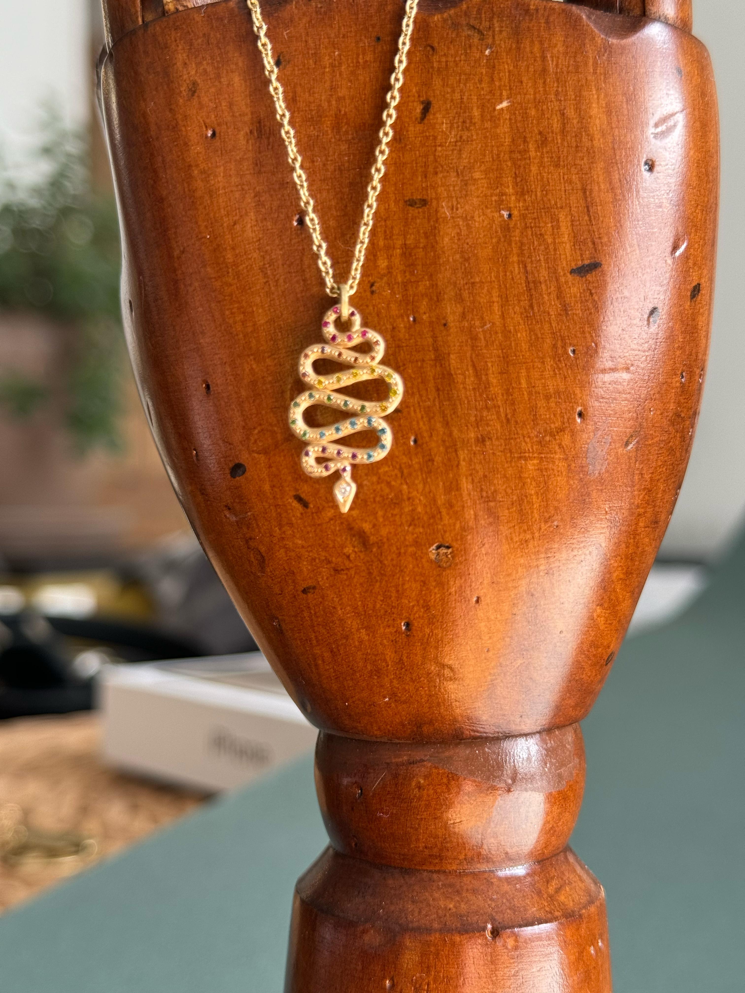 Artisan The Rainbow Serpent Amulet Pendant 18K Fairtrade Yellow Gold & Diamonds (Mini) For Sale