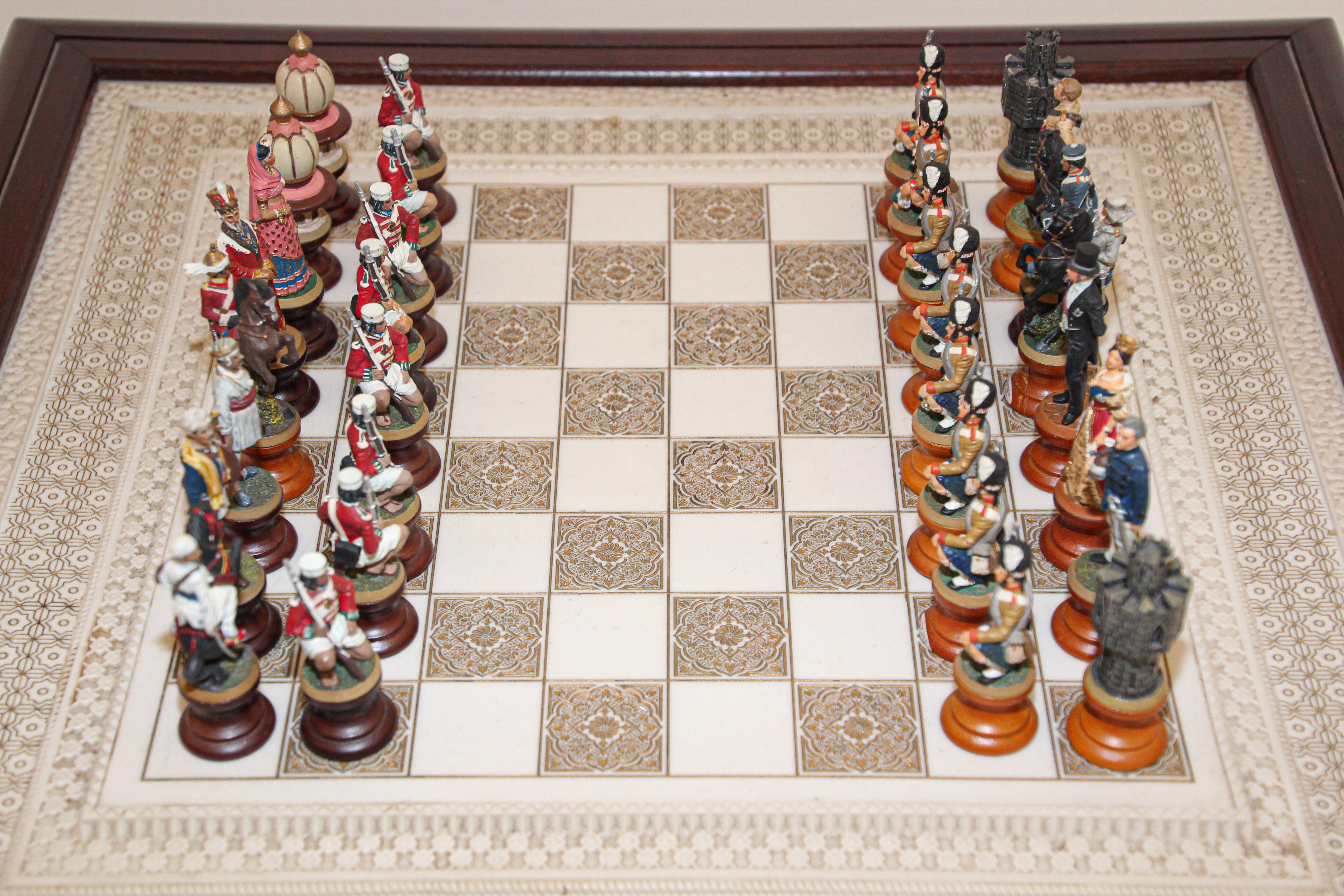 20th Century The Raj Hand Painted India-British War 1857 Game Chess with Table For Sale