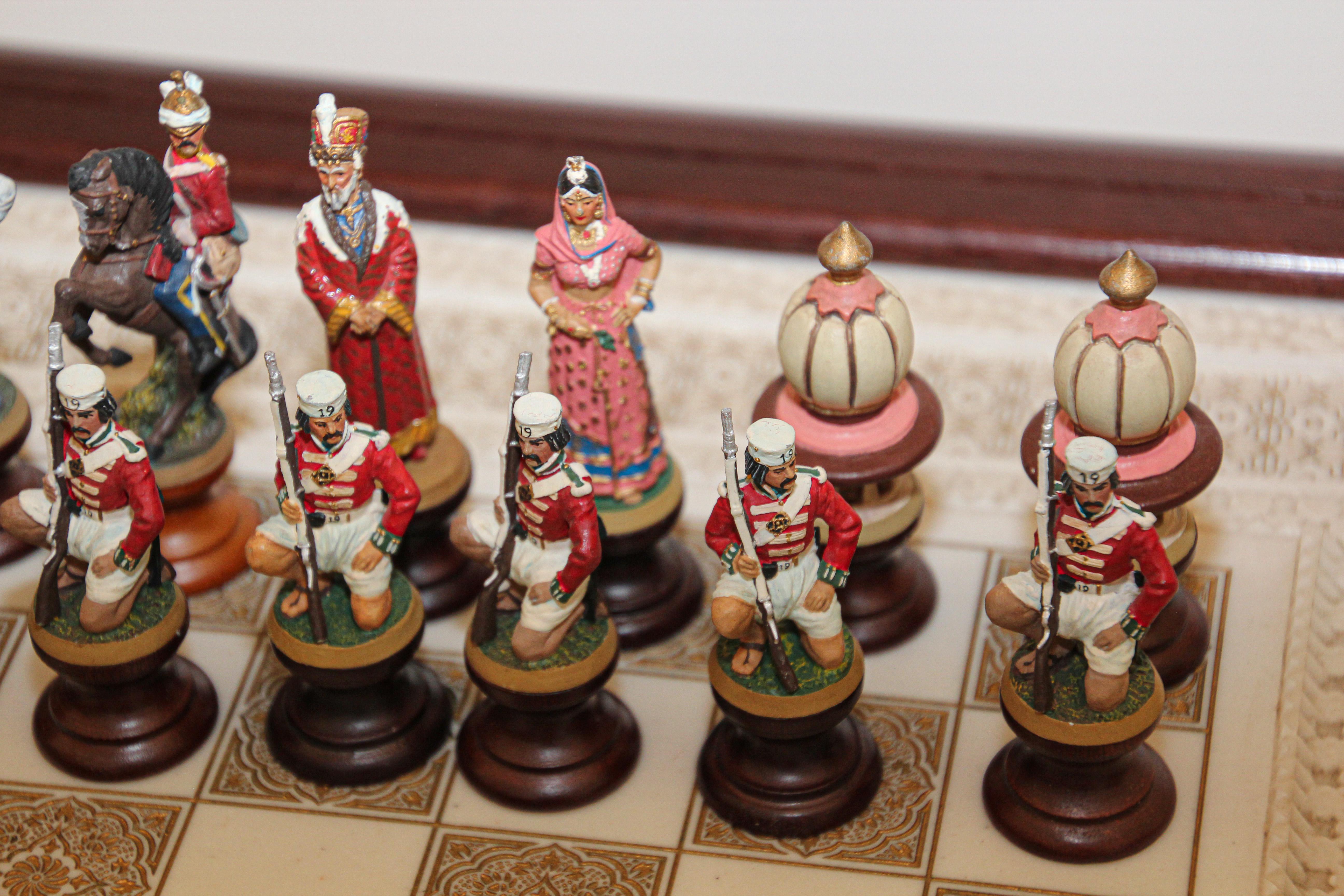 Bronze The Raj Hand Painted India-British War 1857 Game Chess with Table For Sale