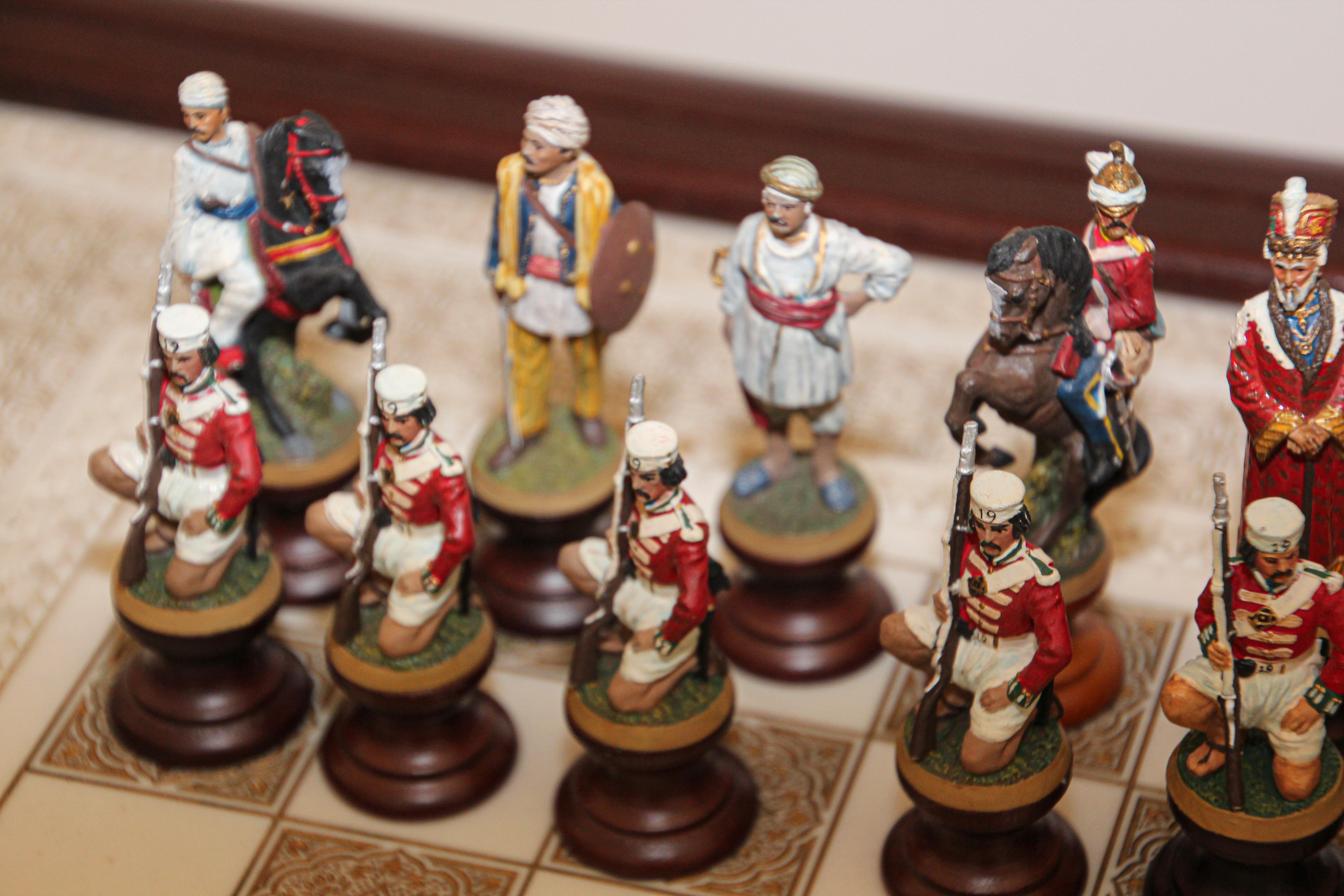 The Raj Hand Painted India-British War 1857 Game Chess with Table For Sale 1