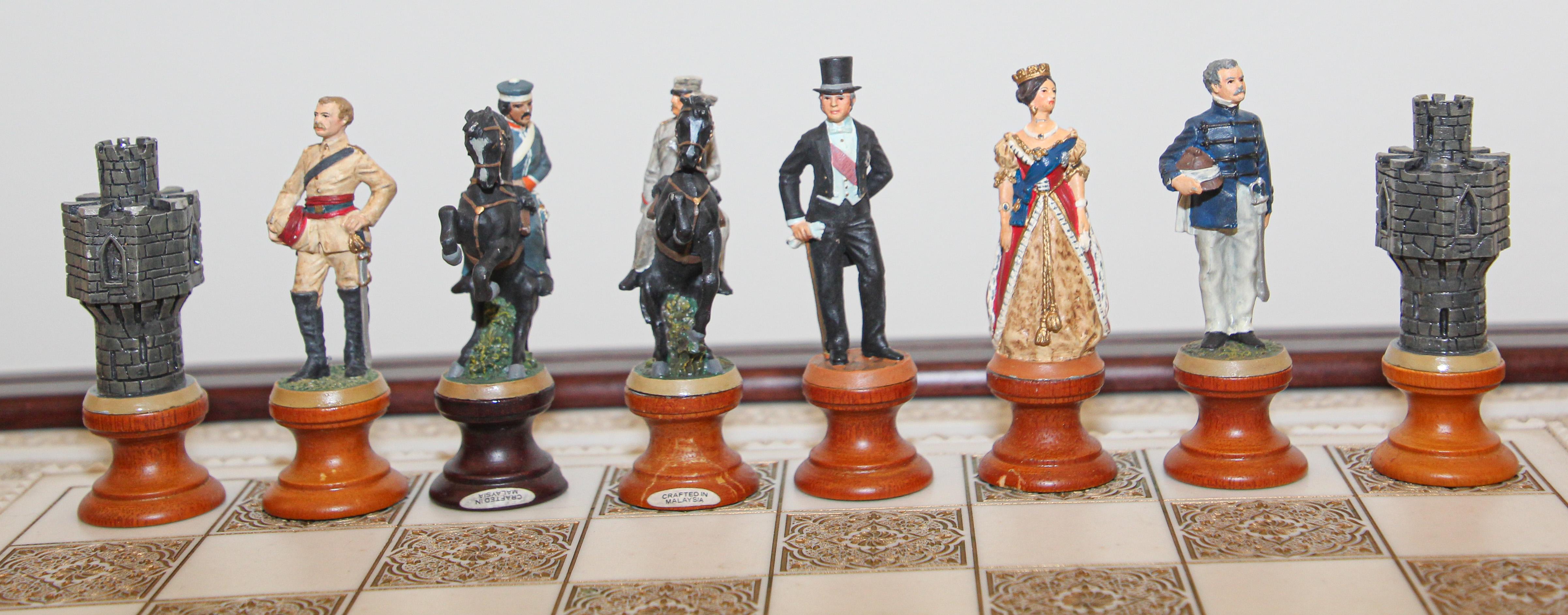 The Raj Hand Painted India-British War 1857 Game Chess with Table In Good Condition For Sale In North Hollywood, CA