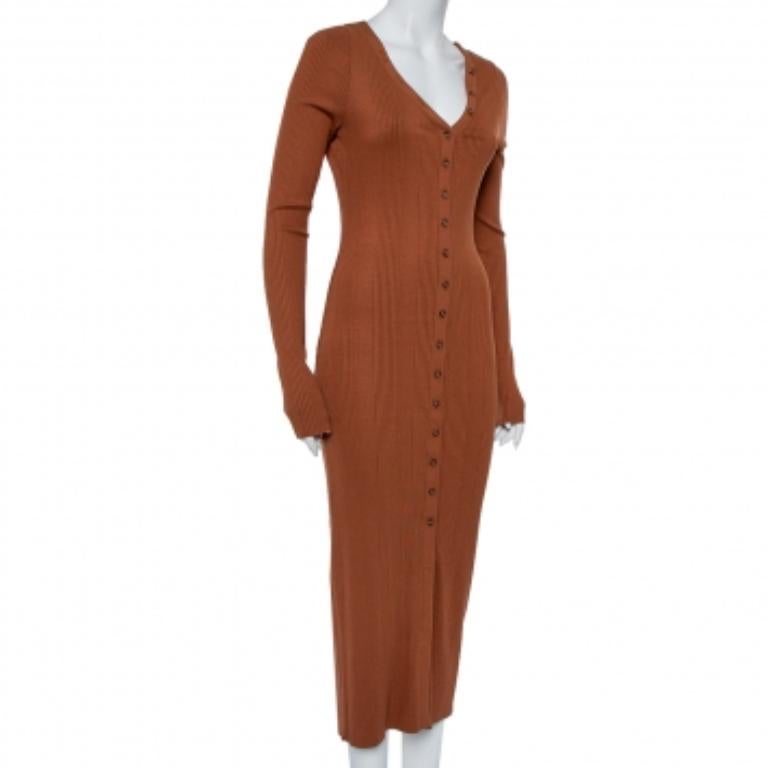 The Range Brown Rib Knit Button Front Midi Dress M In Good Condition For Sale In Dubai, Al Qouz 2