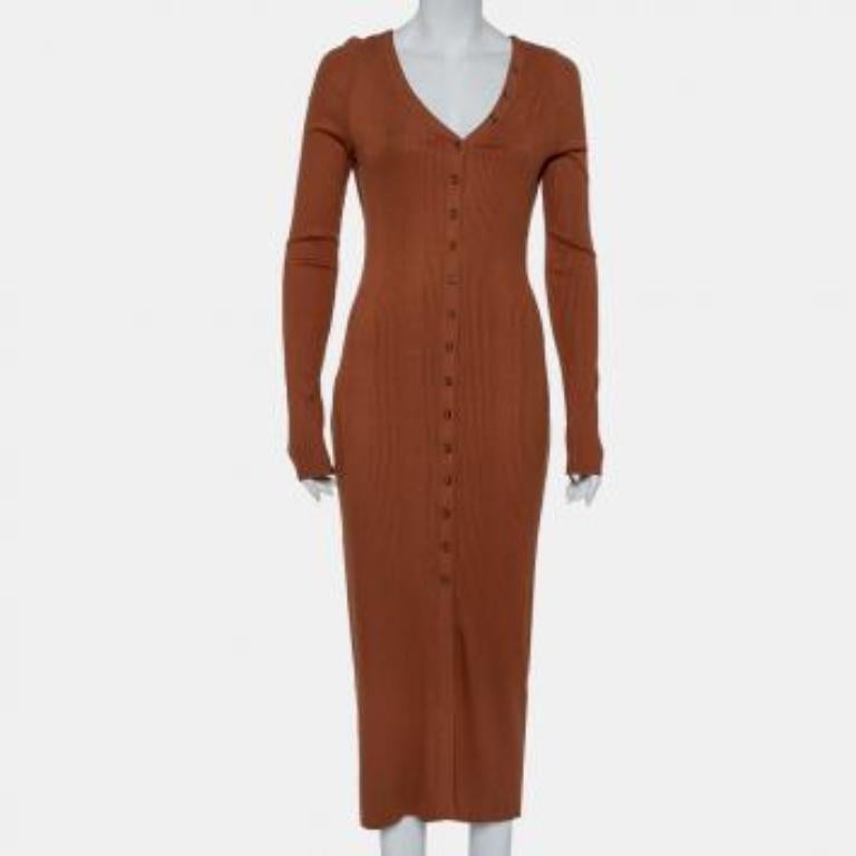The Range Brown Rib Knit Button Front Midi Dress M For Sale 3