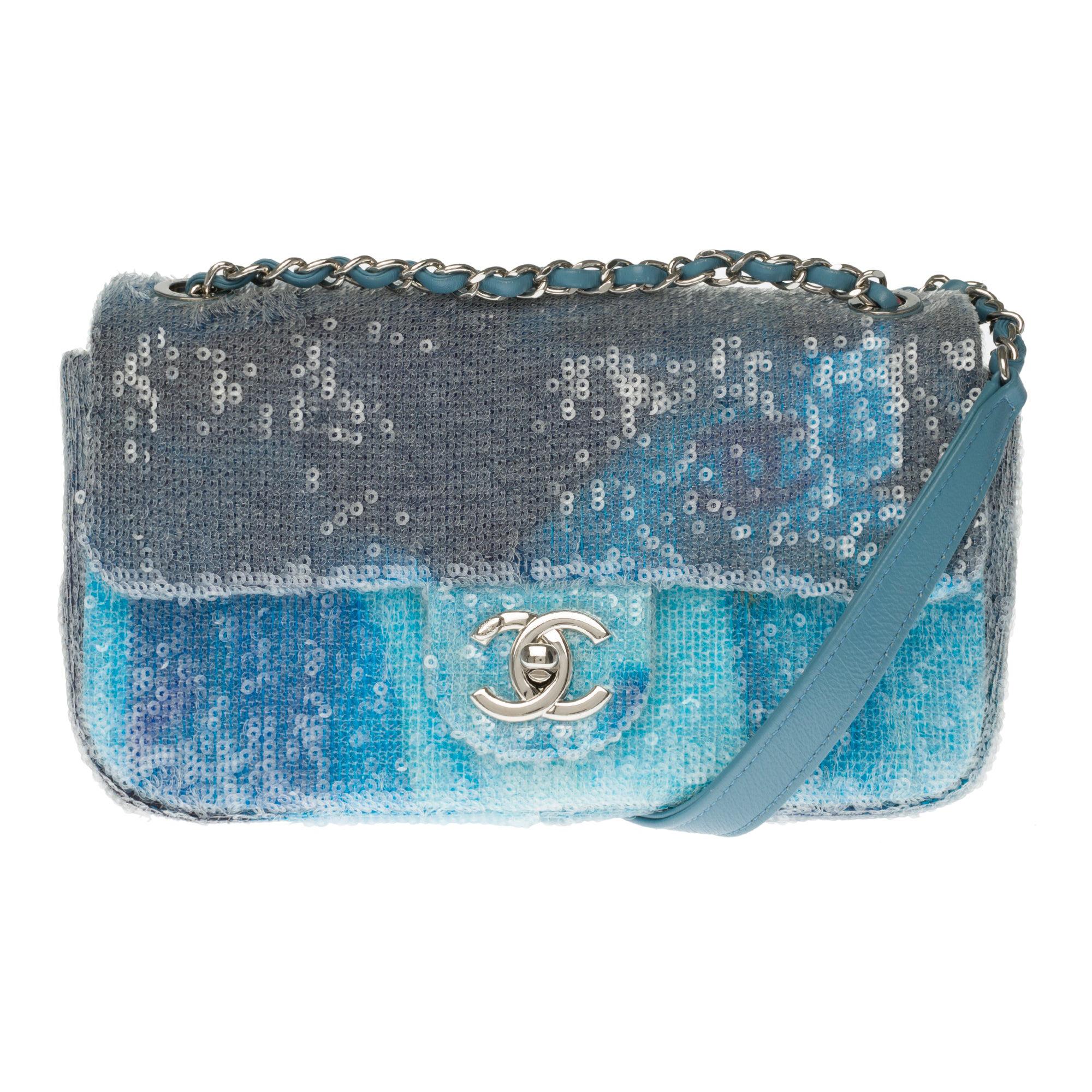 The Rare Chanel Timeless Runaway Waterfalls Shoulder bag in blue sequins ,  SHW at 1stDibs