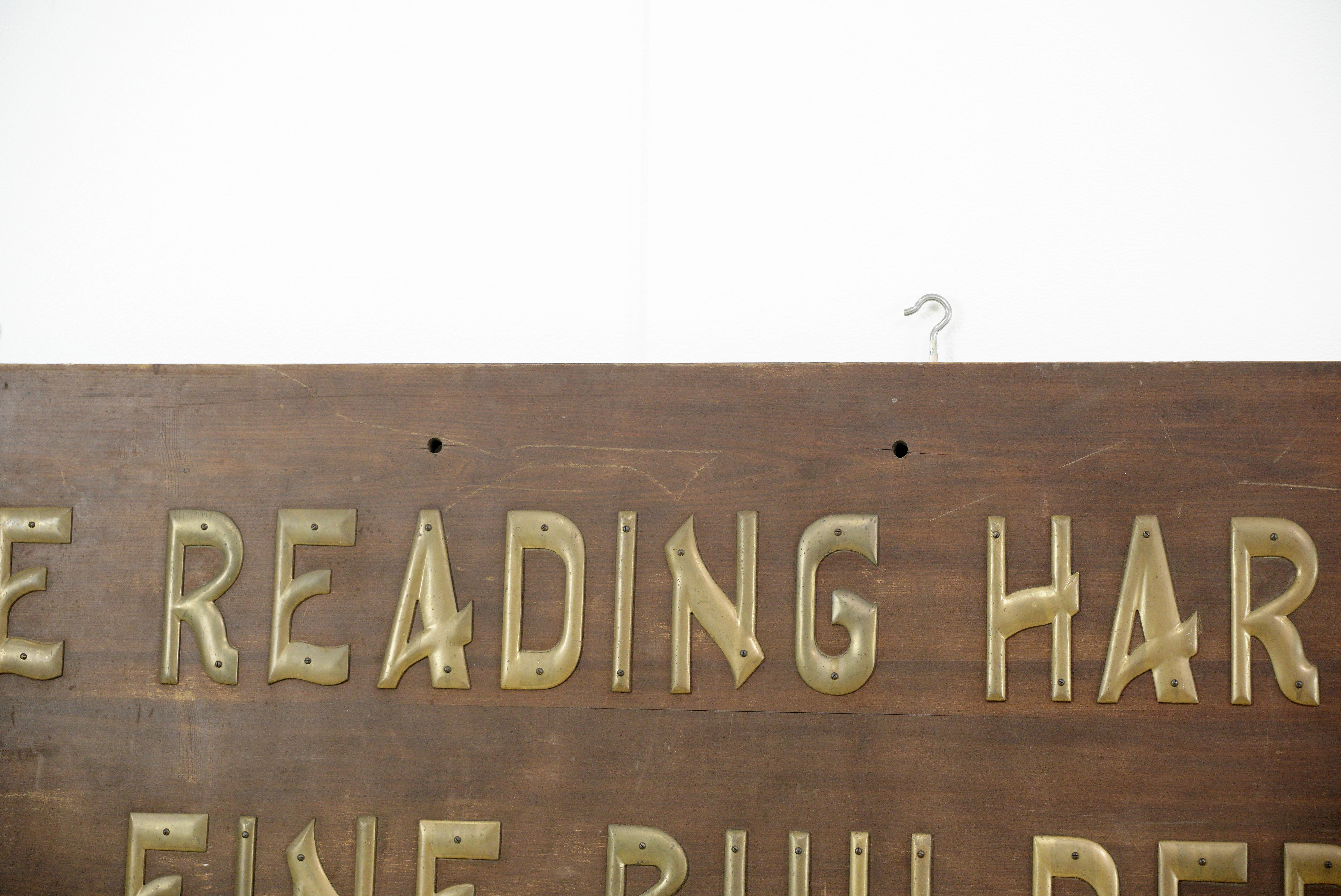 Industrial The Reading Hardware Company's Wood Brass Wall Sign For Sale