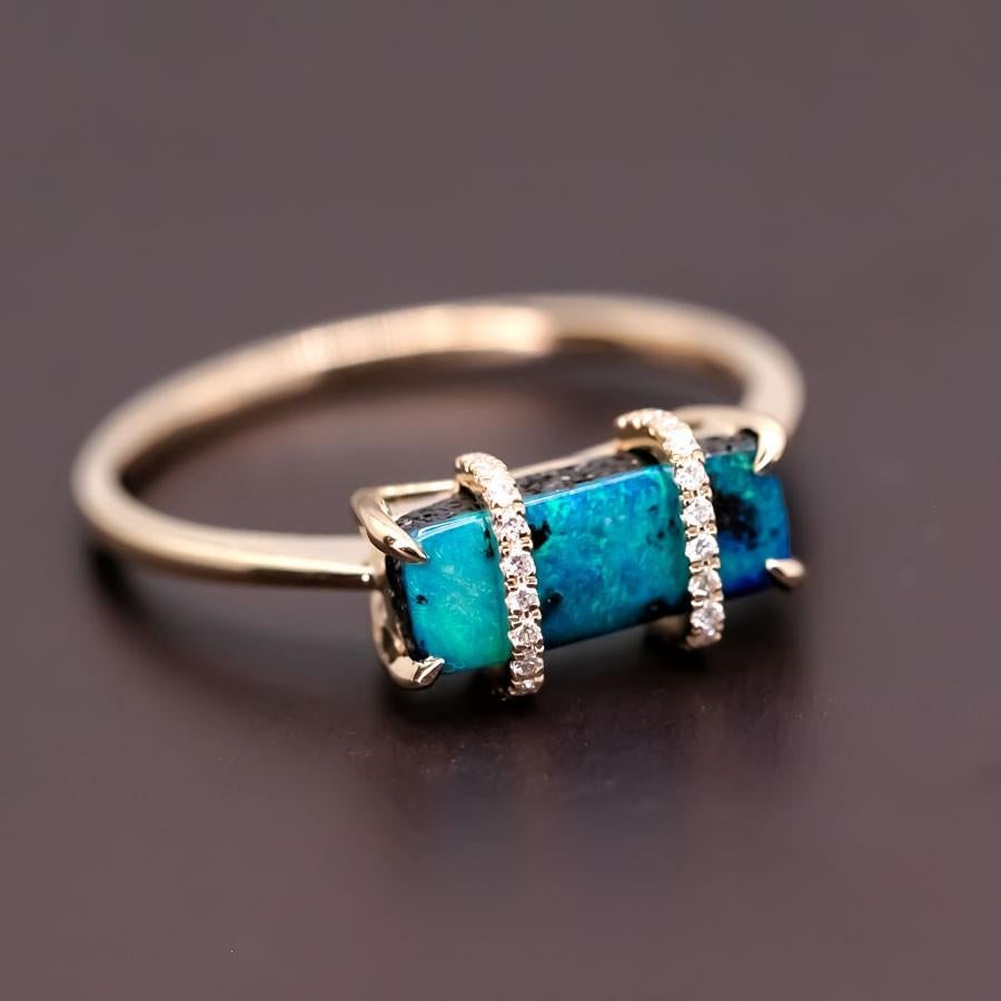 Arts and Crafts The Rectangle - Australian Boulder Opal & Diamond Engagement Ring 18K Gold For Sale