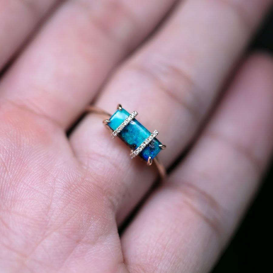 Brilliant Cut The Rectangle - Australian Boulder Opal & Diamond Engagement Ring 18K Gold For Sale