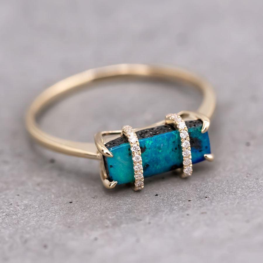 The Rectangle - Australian Boulder Opal & Diamond Engagement Ring 18K Gold In New Condition For Sale In Suwanee, GA