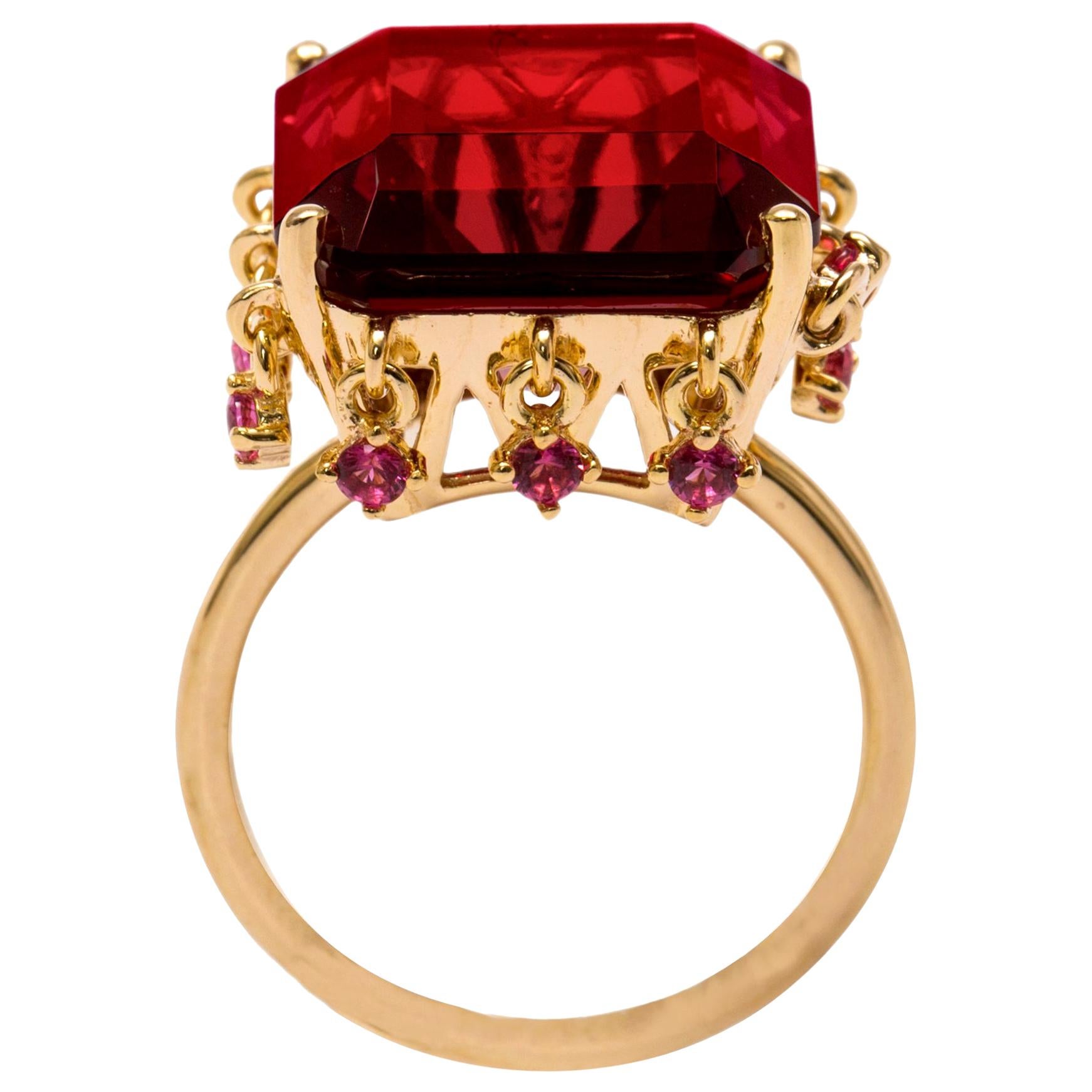 AMMANII Red Crown Vermeil Gold Ring with Charms