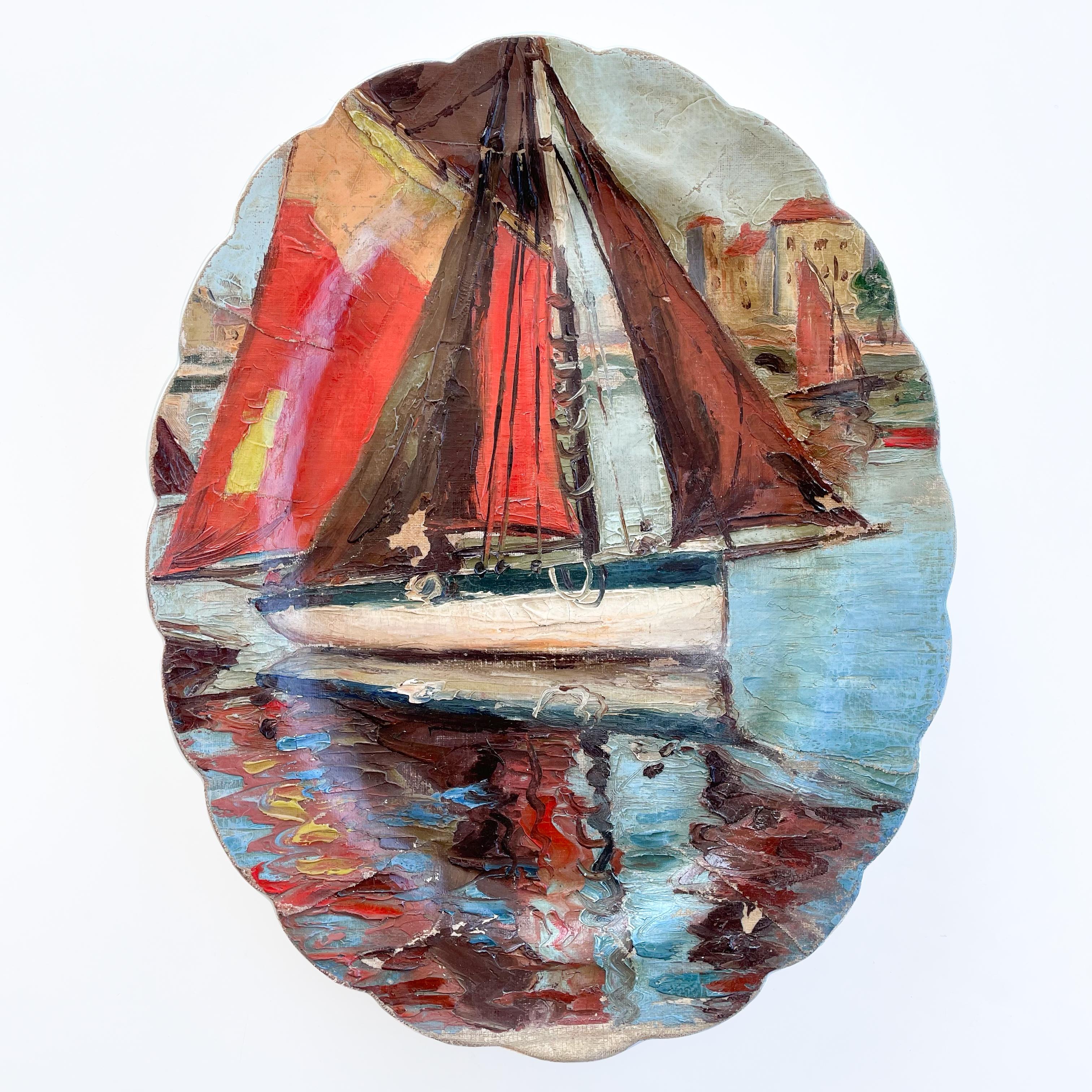 Vernissé « The Red Sail », composition d'art mural unique d'assiettes décoratives et de peinture en vente