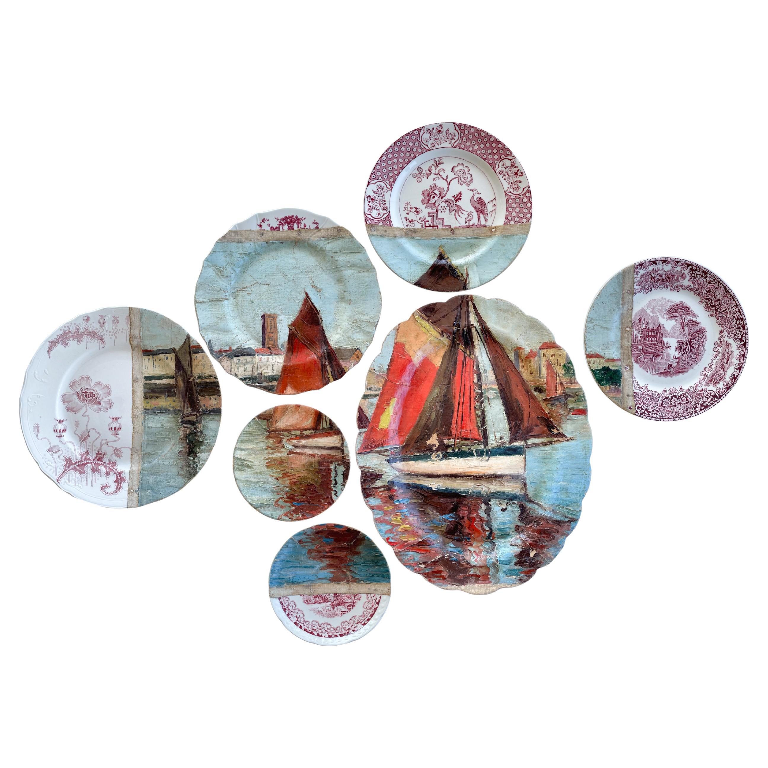 "The Red Sail" unique wall art composition of decorative plates and painting For Sale