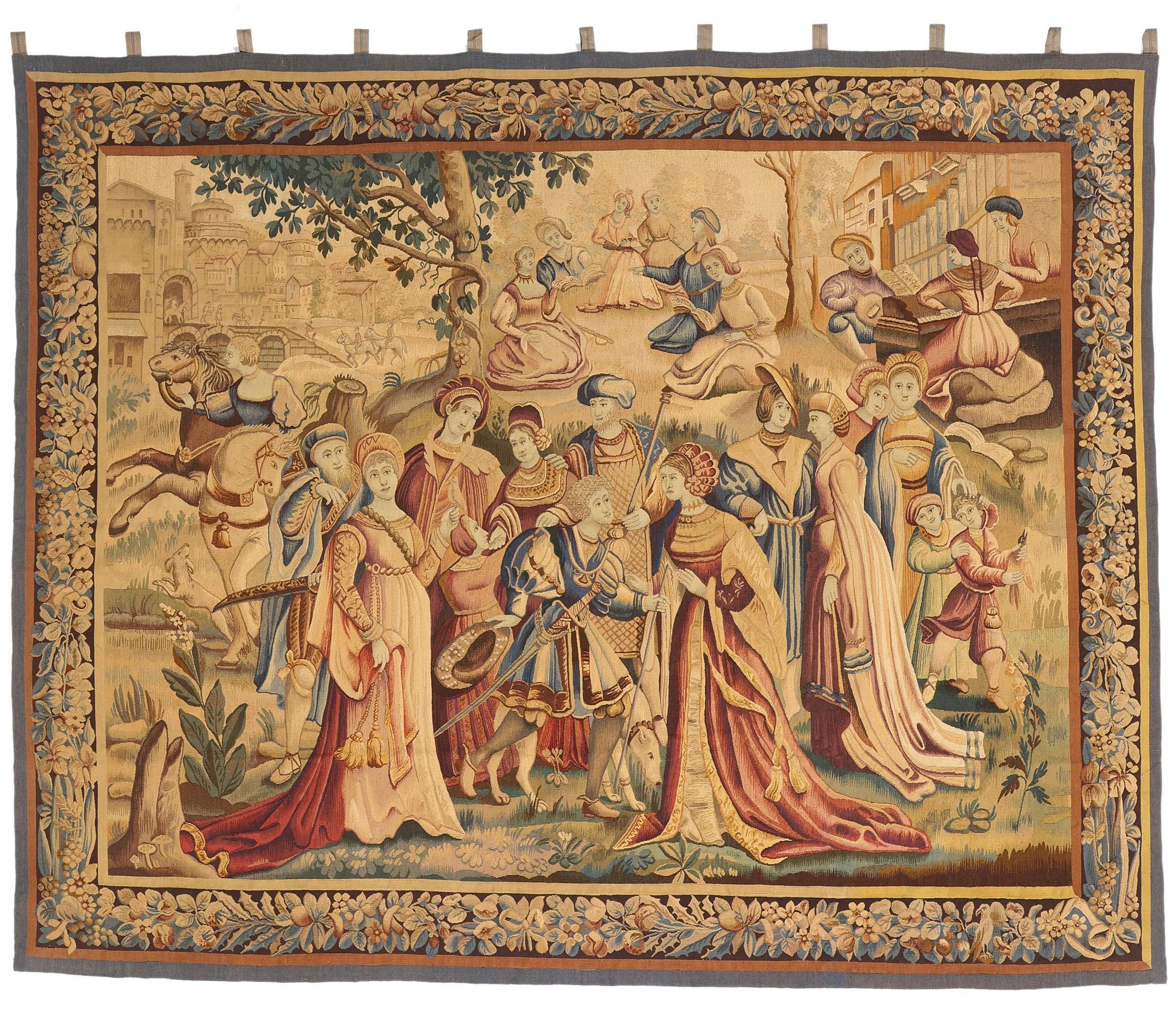 The Regal Convergence: A French Tapestry Masterpiece of Courtly Grandeur For Sale