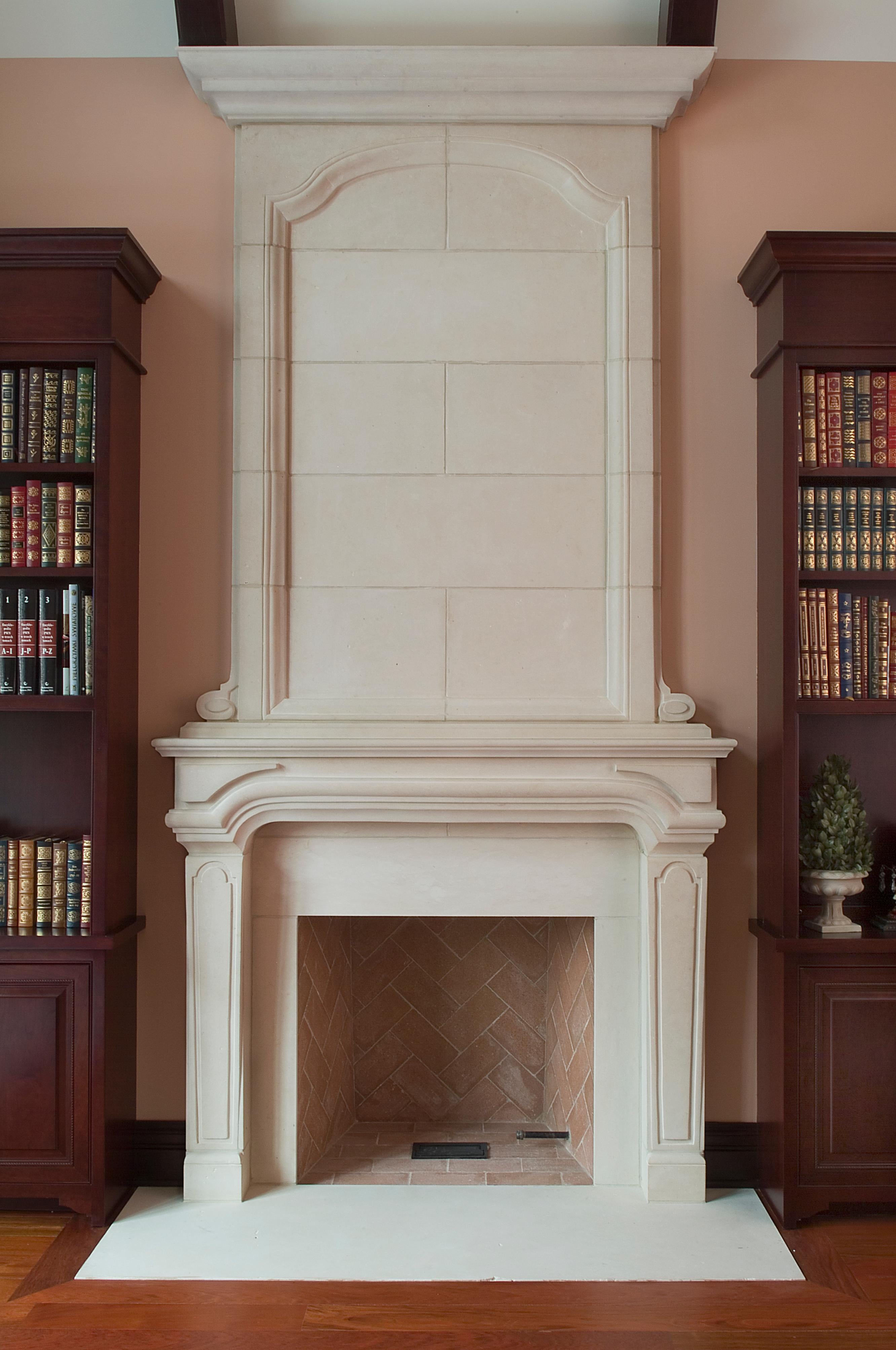 The stately, classic Regency stone fireplace, evoking the early 19th century English Regency era, can be done either with or without the overmantel.  The fireplace features square plinths, legs that slightly curve out as they go up, with recessed