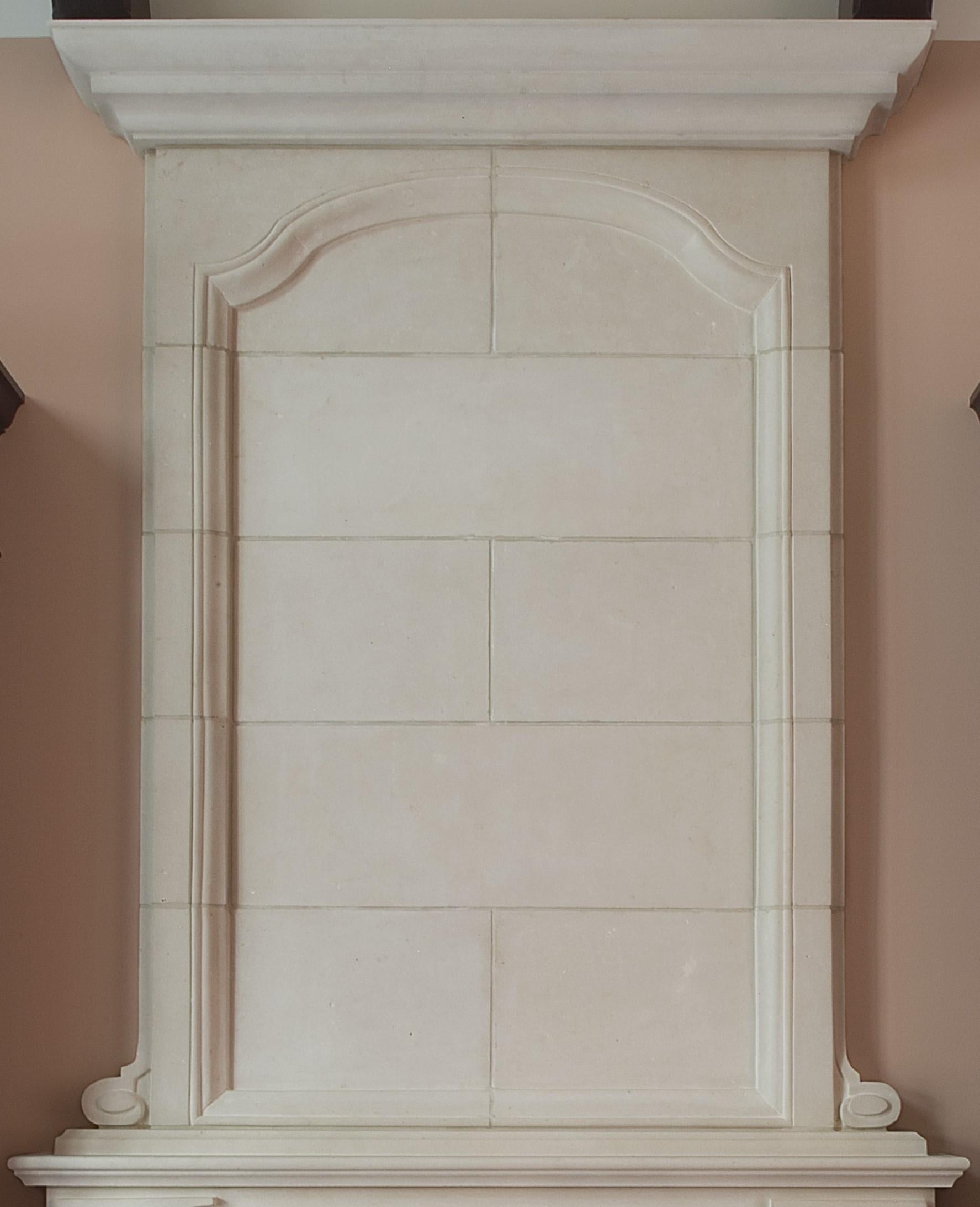 American The Regency: A Classically-Inspired English Stone Fireplace with Overmantel  For Sale