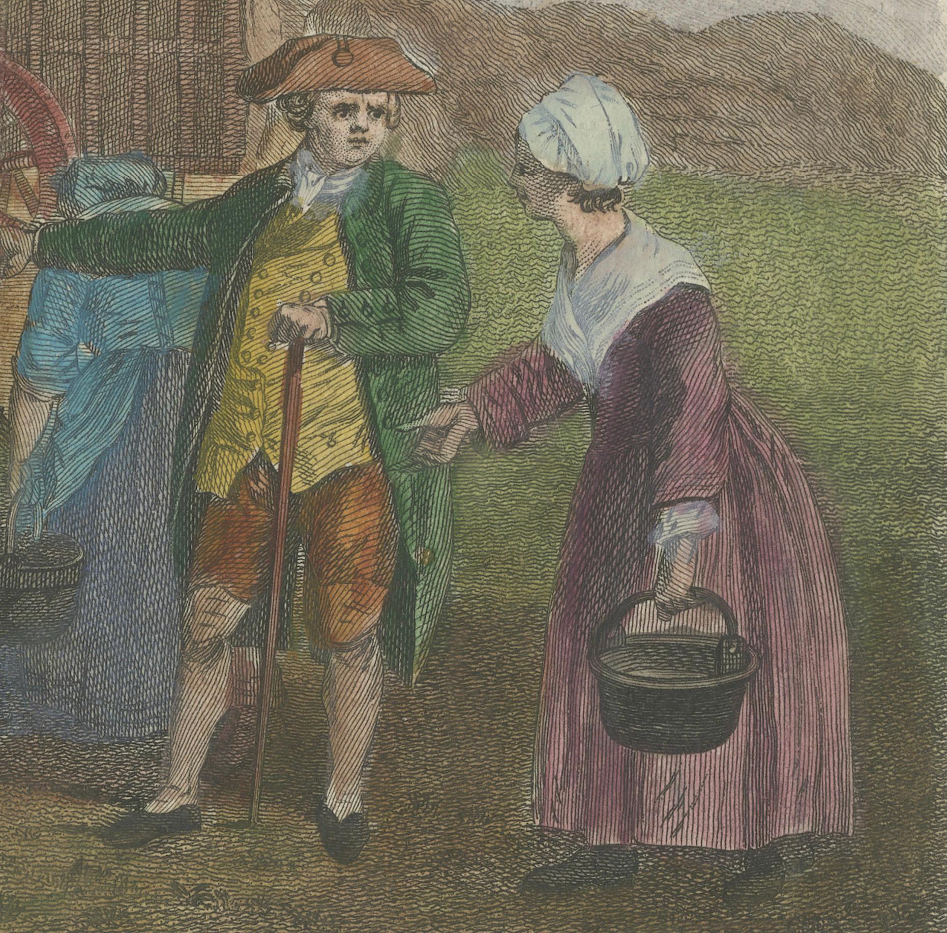Engraved The Repast of the Reapers: 18th-Century Hand-Colored Rural Scene For Sale