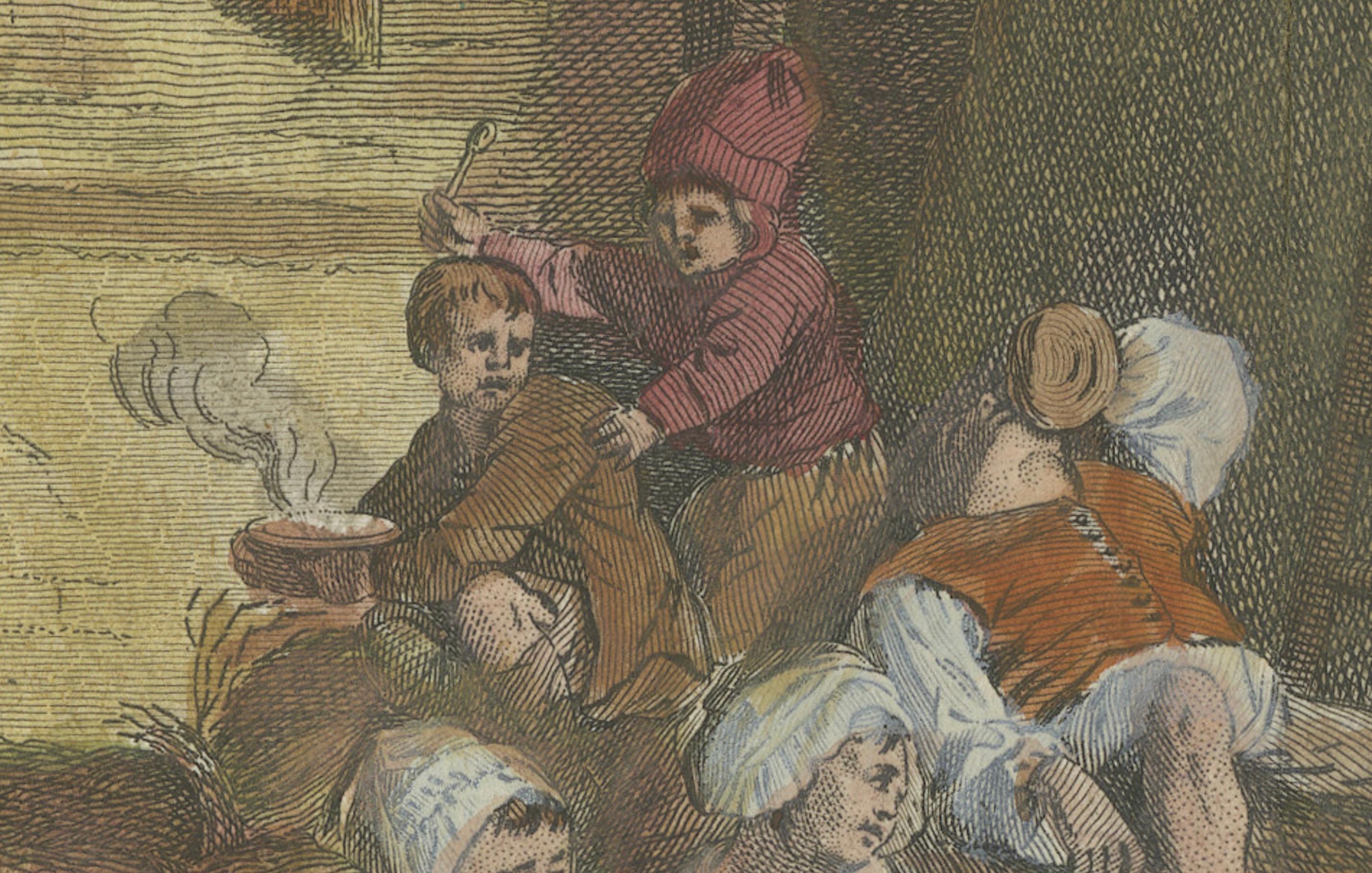 The Repast of the Reapers: 18th-Century Hand-Colored Rural Scene In Good Condition For Sale In Langweer, NL