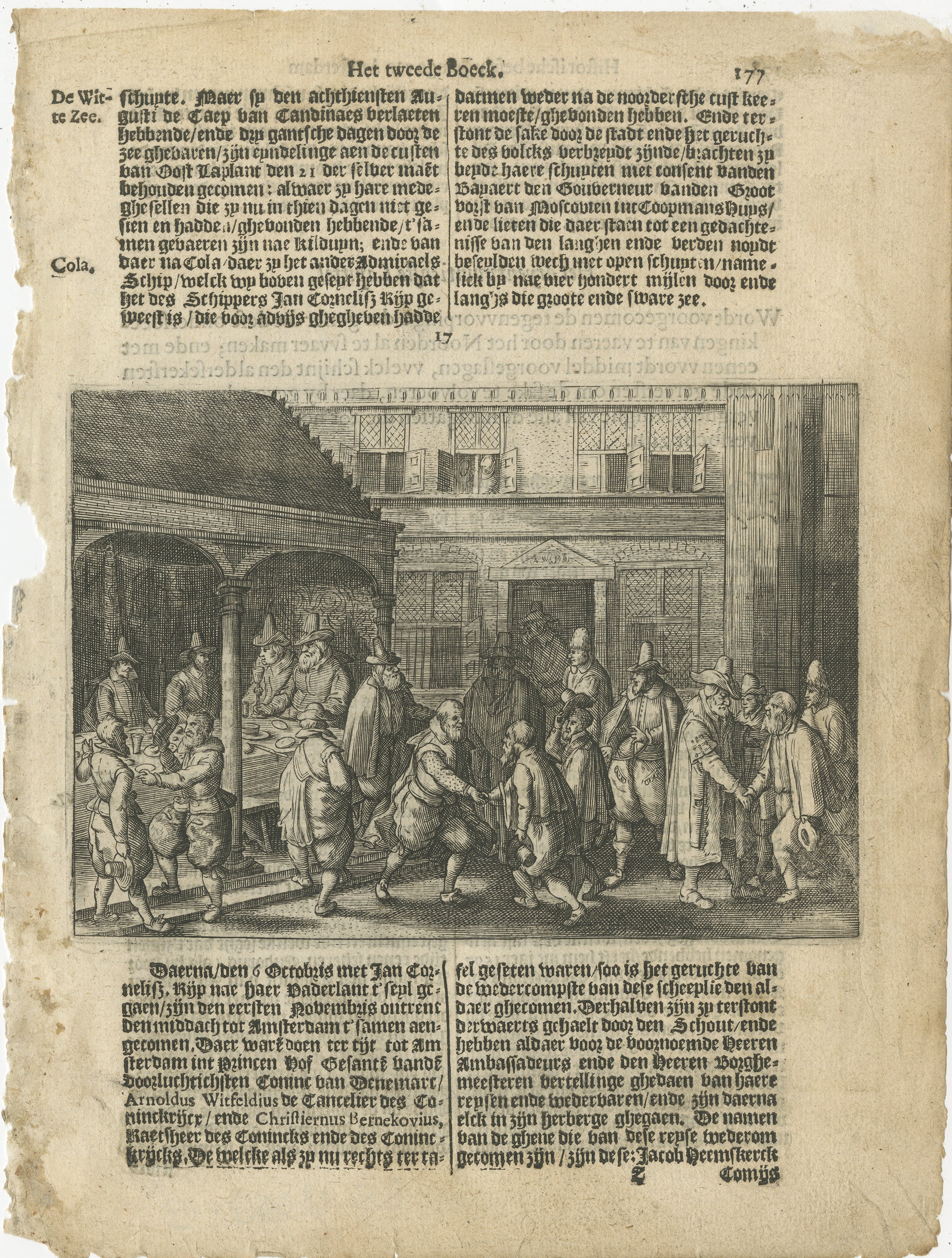 Titel: Ankunft der niederländischen Reisenden in Amsterdam, aus Pontanus' Rerum et urbis Amstelodamensium historia, 1611

Dieser schöne Stich aus dem frühen 17. Jahrhundert zeigt die triumphale Rückkehr niederländischer Entdecker nach Amsterdam,